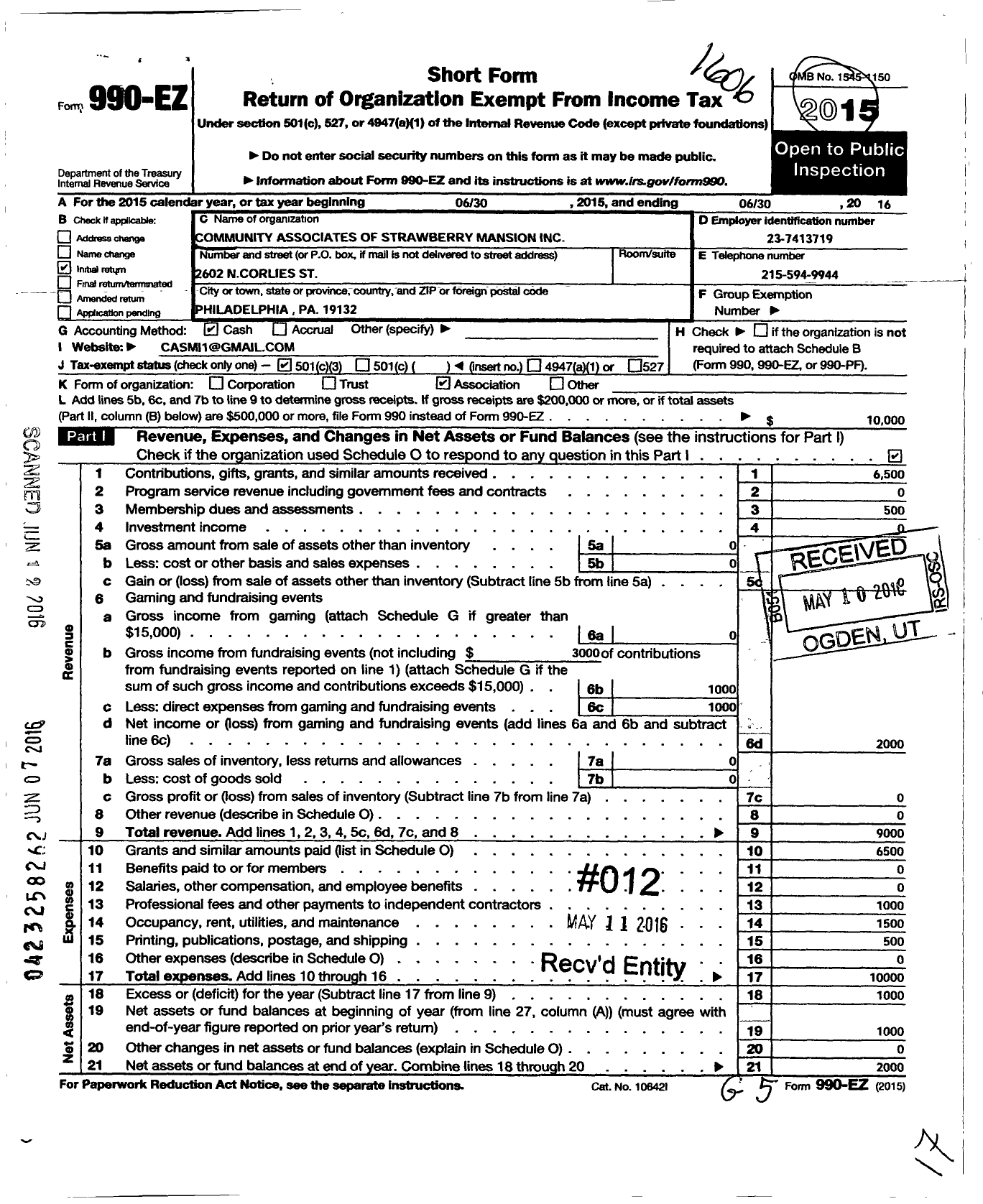 Image of first page of 2015 Form 990EZ for Community Associates of Strawberry Mansion