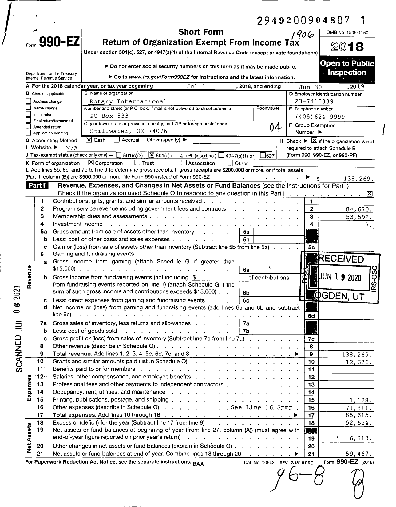 Image of first page of 2018 Form 990EO for Rotary International - Stillwater Frontier