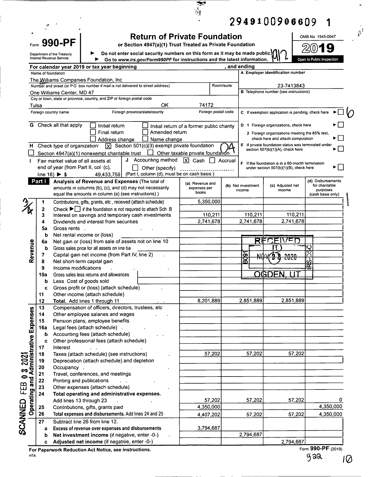 Image of first page of 2019 Form 990PF for Williams Companies Foundation