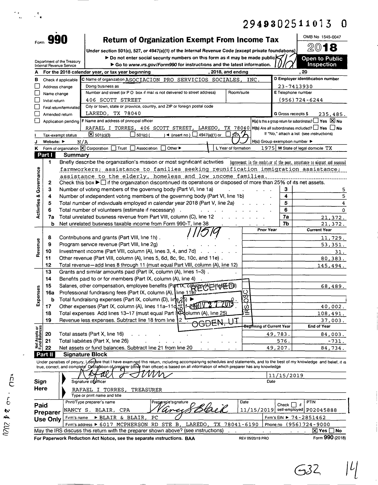 Image of first page of 2018 Form 990 for Asociacion Pro Servicios Sociales