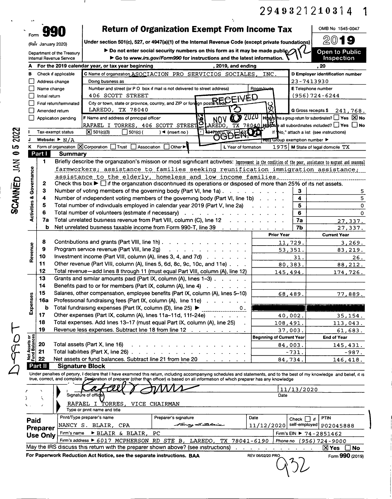 Image of first page of 2019 Form 990 for Asociacion Pro Servicios Sociales