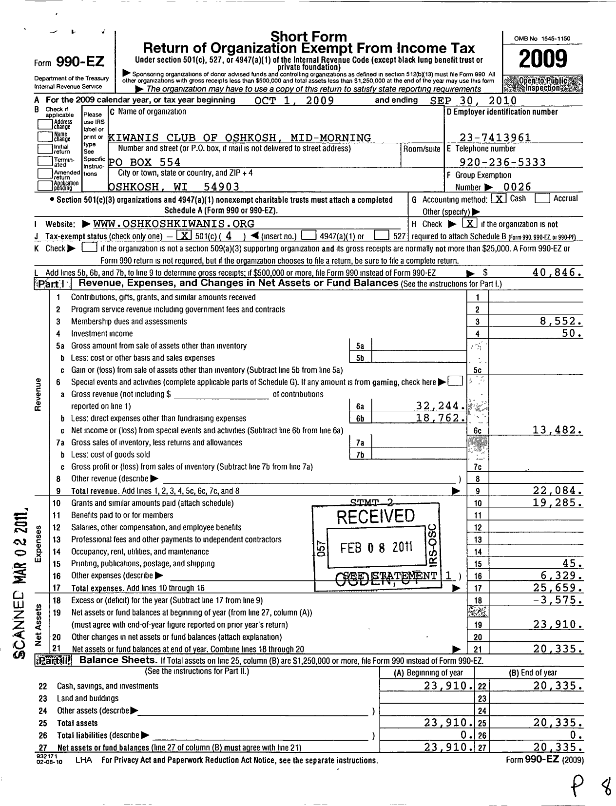 Image of first page of 2009 Form 990EO for Kiwanis International - K07643 Oshkosh Mid-Morning