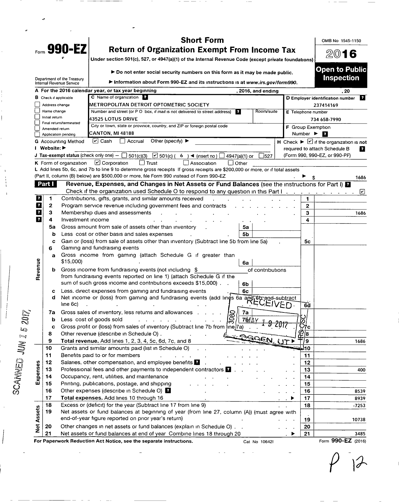 Image of first page of 2016 Form 990EO for Metropolitan Detroit Optometric Society