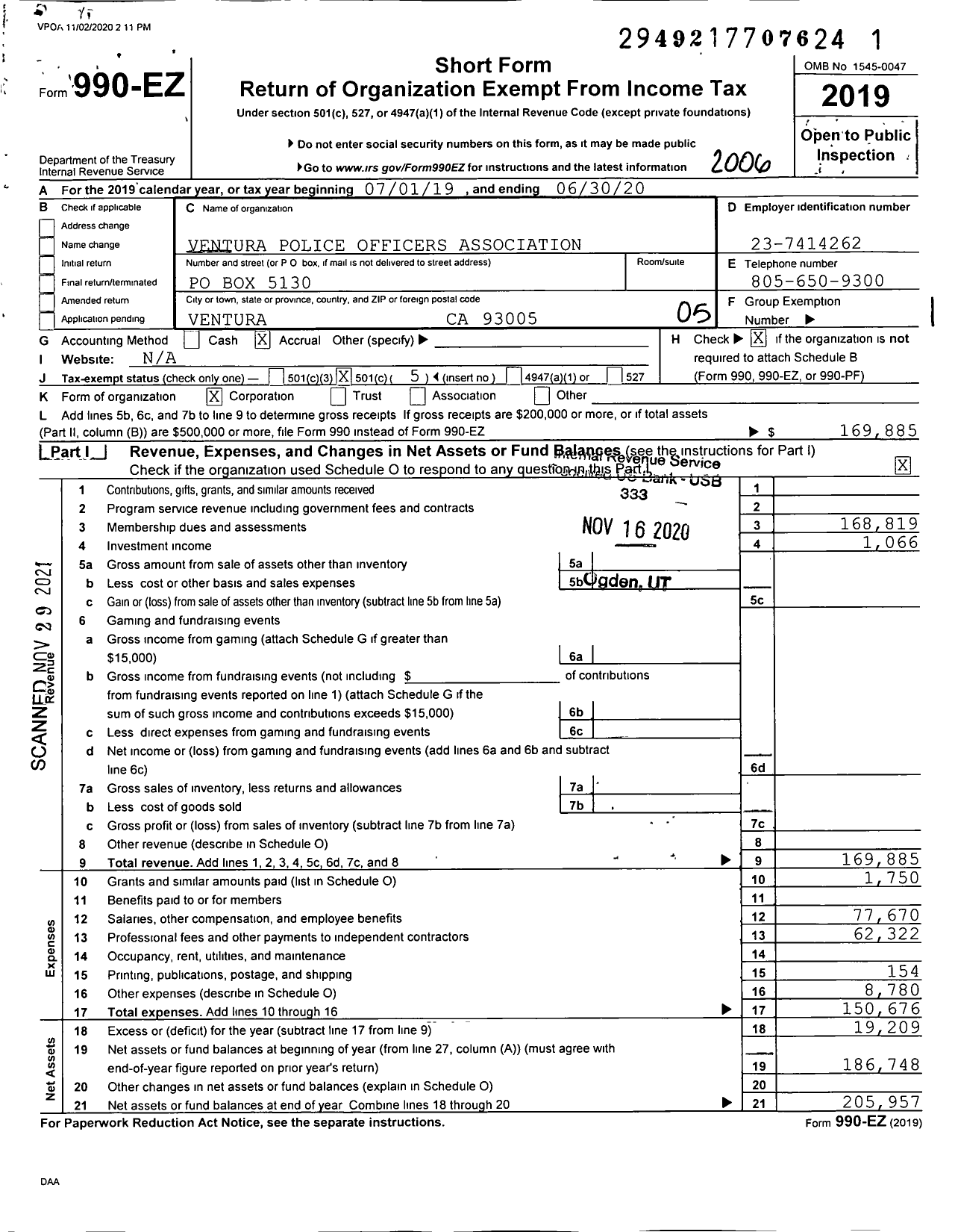 Image of first page of 2019 Form 990EO for Ventura Police Officers Association