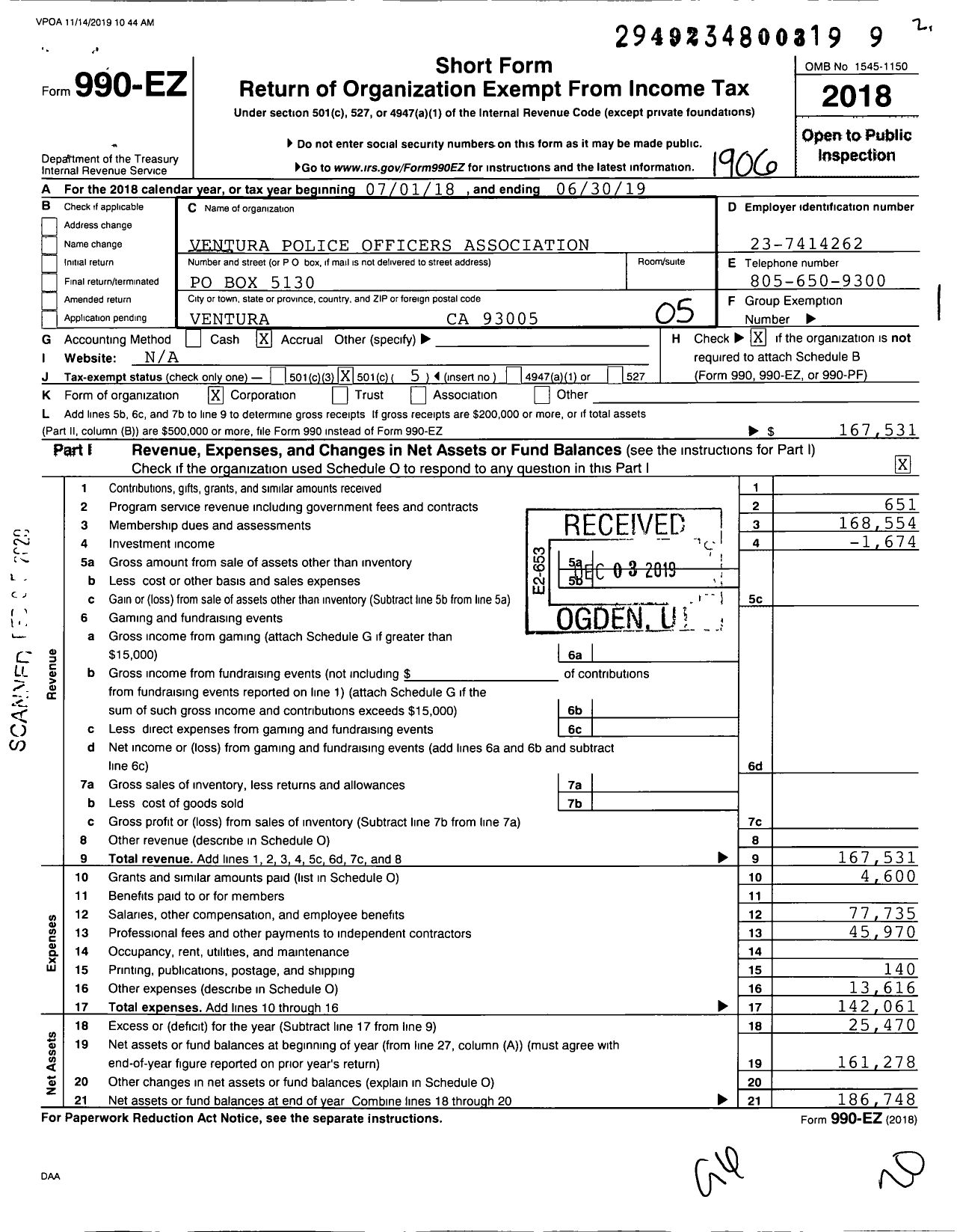 Image of first page of 2018 Form 990EO for Ventura Police Officers Association