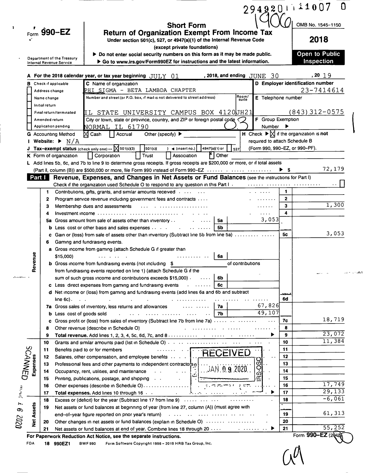 Image of first page of 2018 Form 990EZ for Phi Sigma Society Beta Lambda Chapter