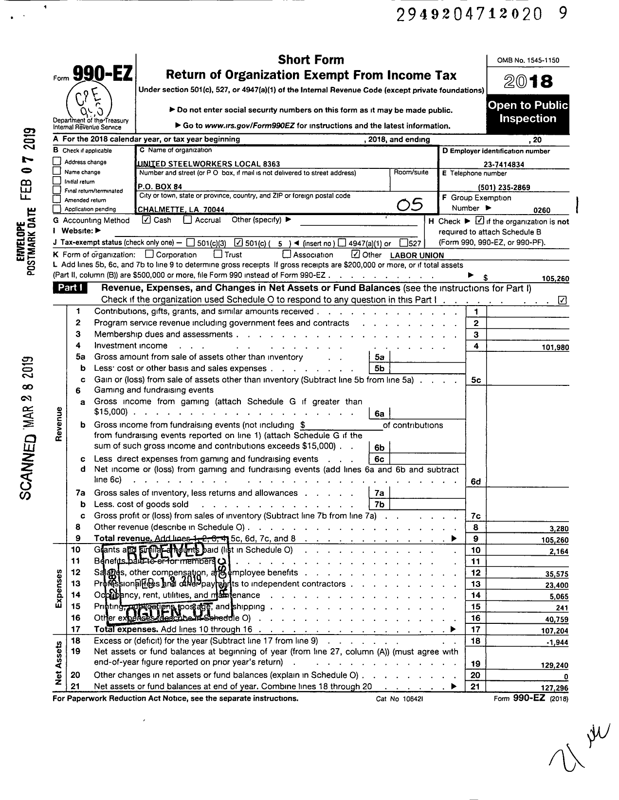 Image of first page of 2018 Form 990EO for United Steelworkers - 08363 Local