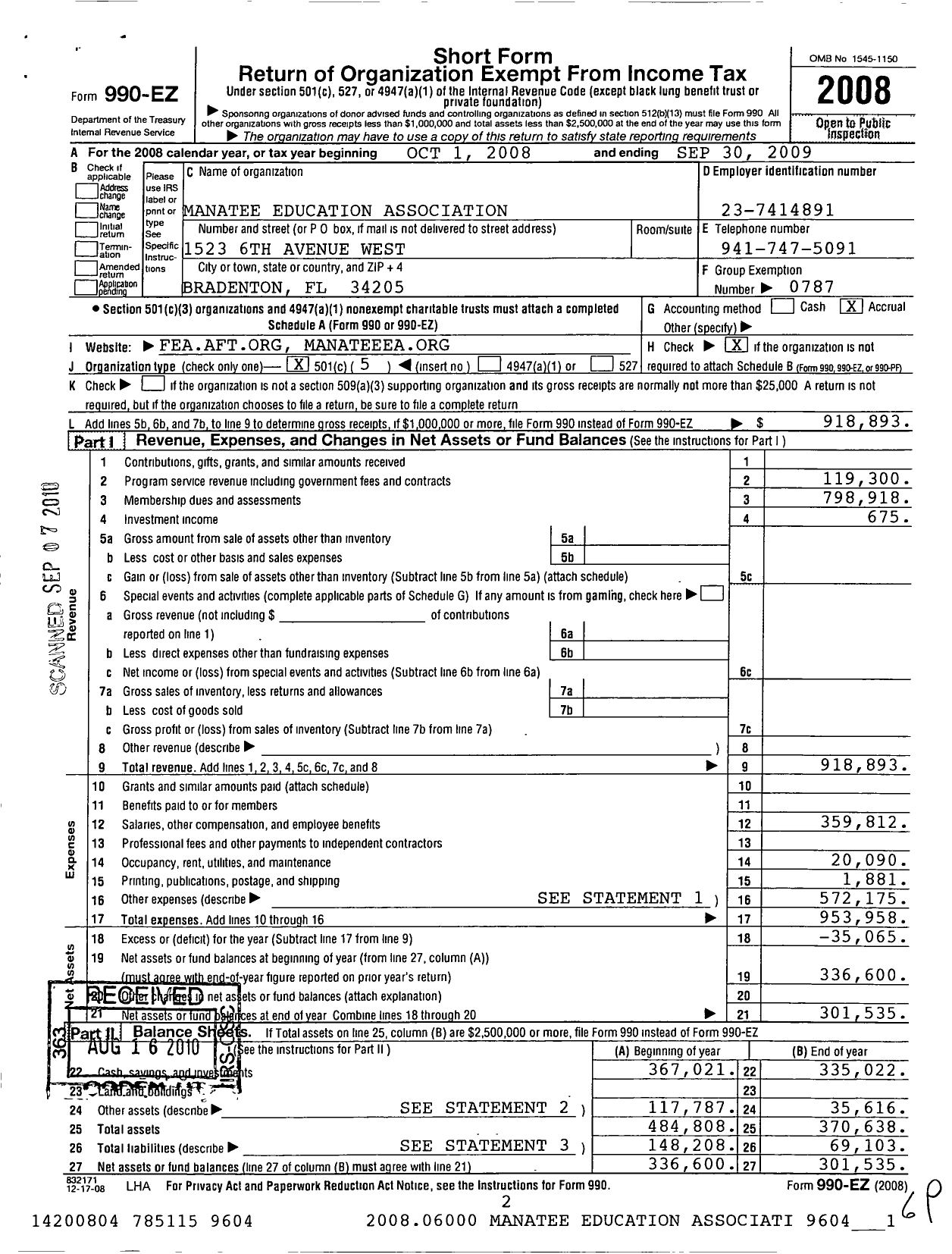 Image of first page of 2008 Form 990EO for American Federation of Teachers - Manatee Education Assoc 3821