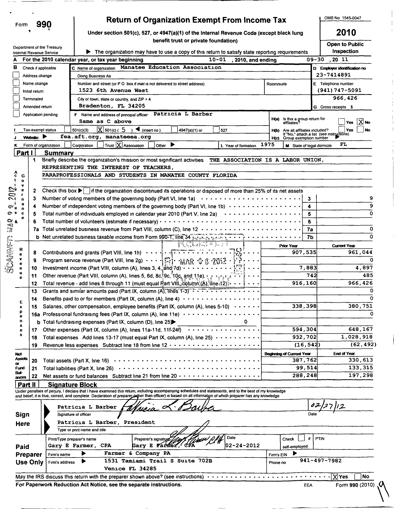 Image of first page of 2010 Form 990O for American Federation of Teachers - Manatee Education Assoc 3821