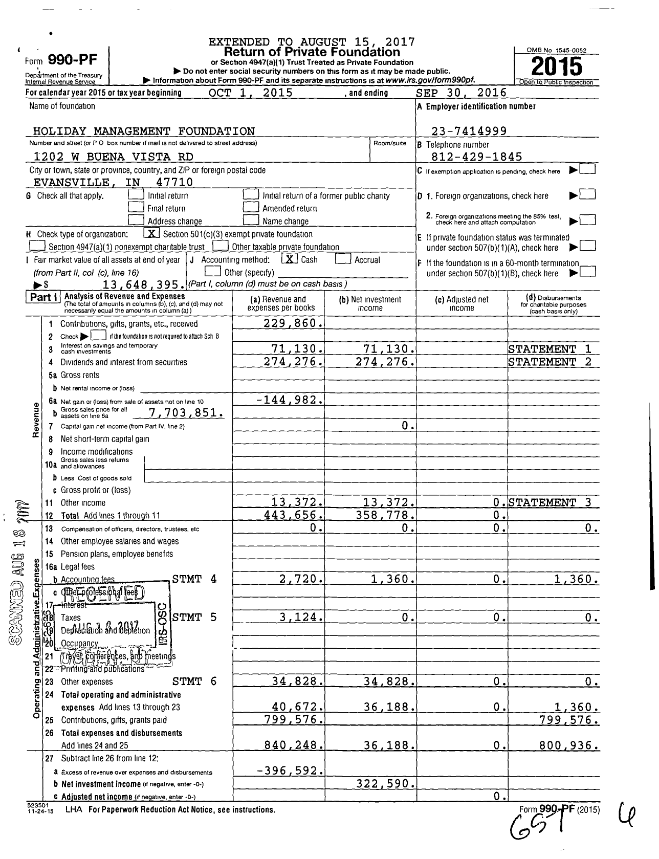 Image of first page of 2015 Form 990PF for Holiday Management Foundation