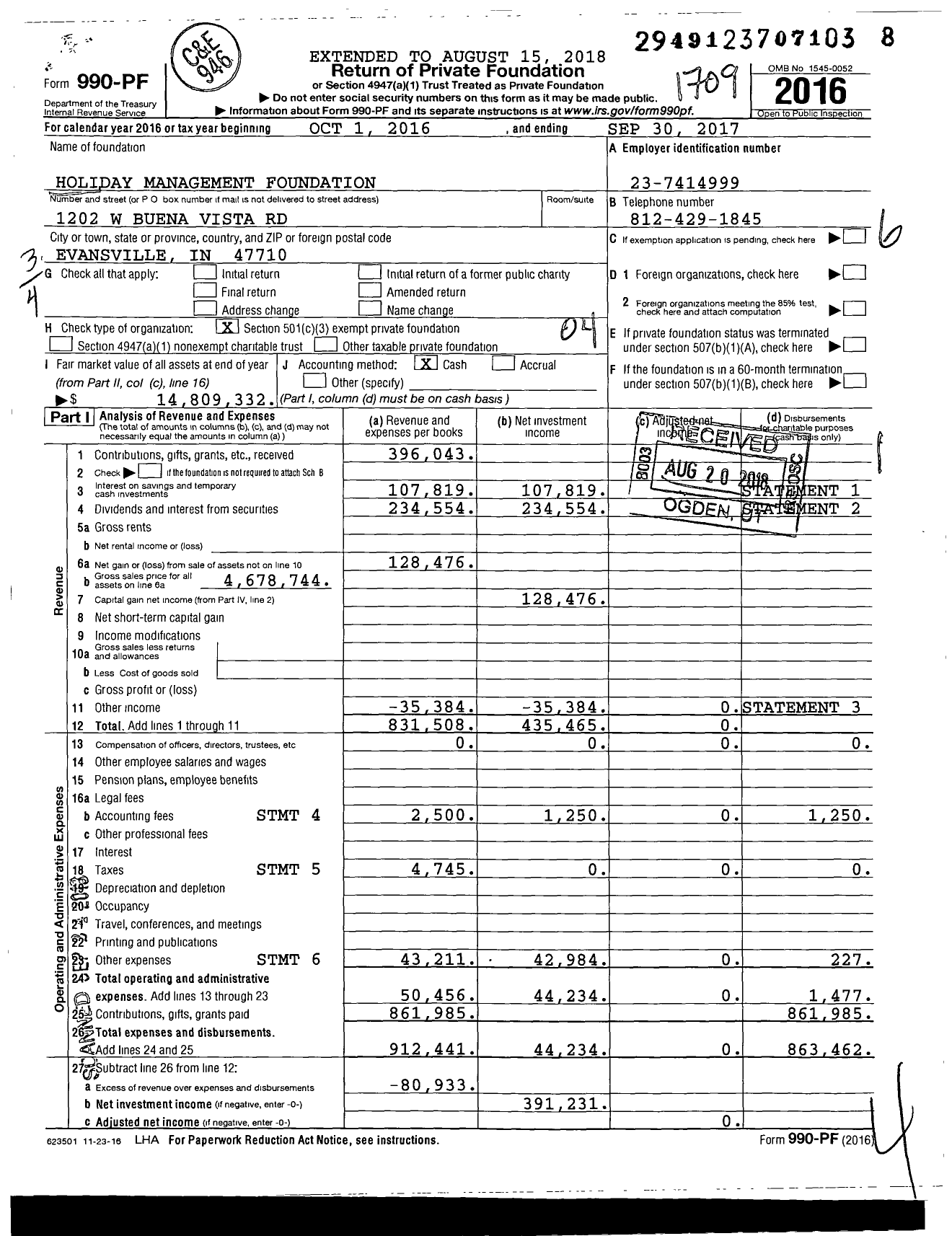 Image of first page of 2016 Form 990PF for Holiday Management Foundation