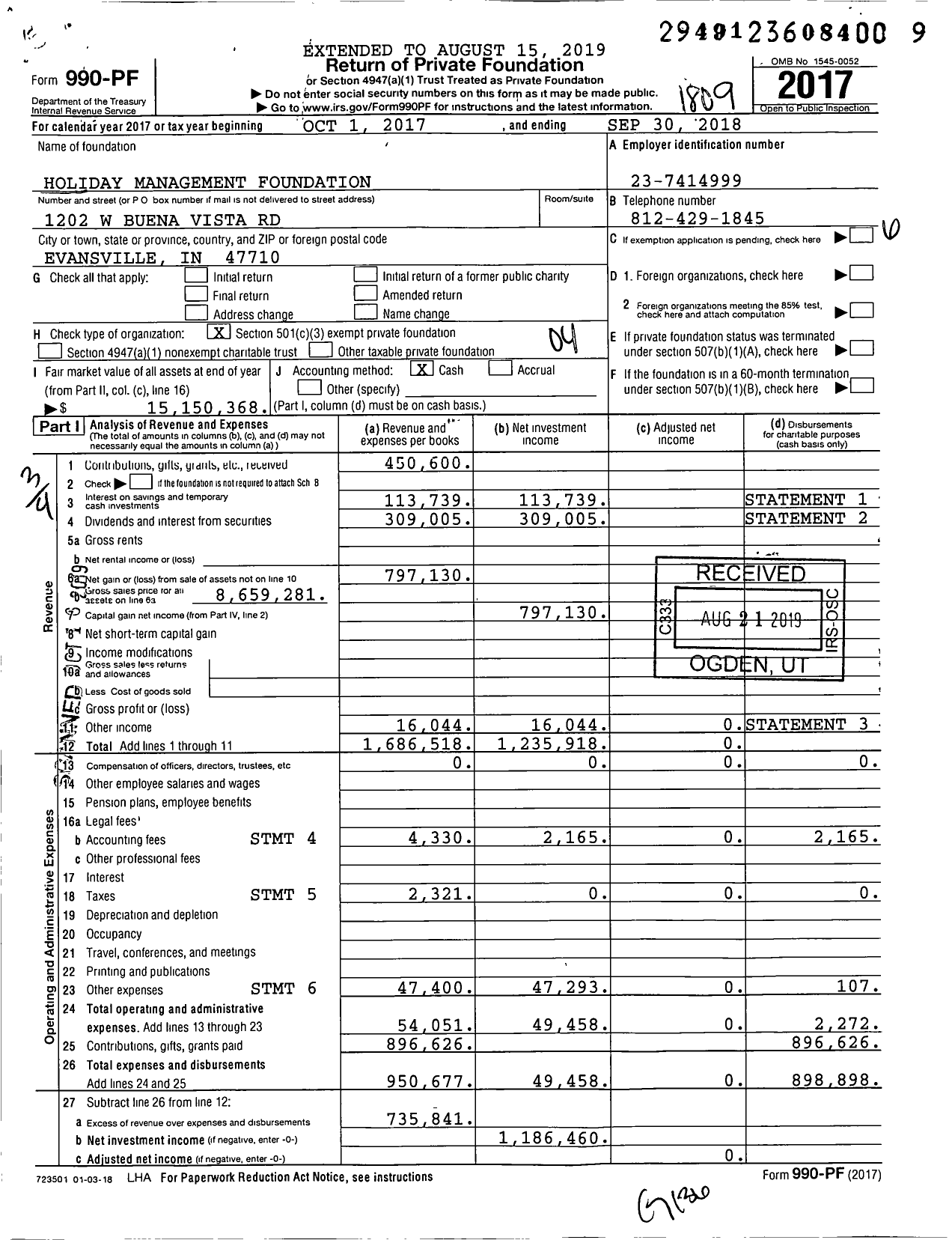 Image of first page of 2017 Form 990PF for Holiday Management Foundation
