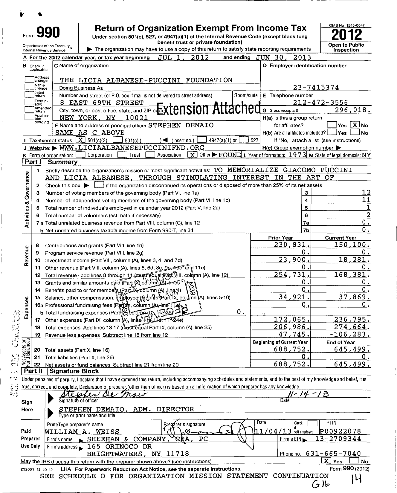 Image of first page of 2012 Form 990 for Licia Albanese - Puccini Foundation