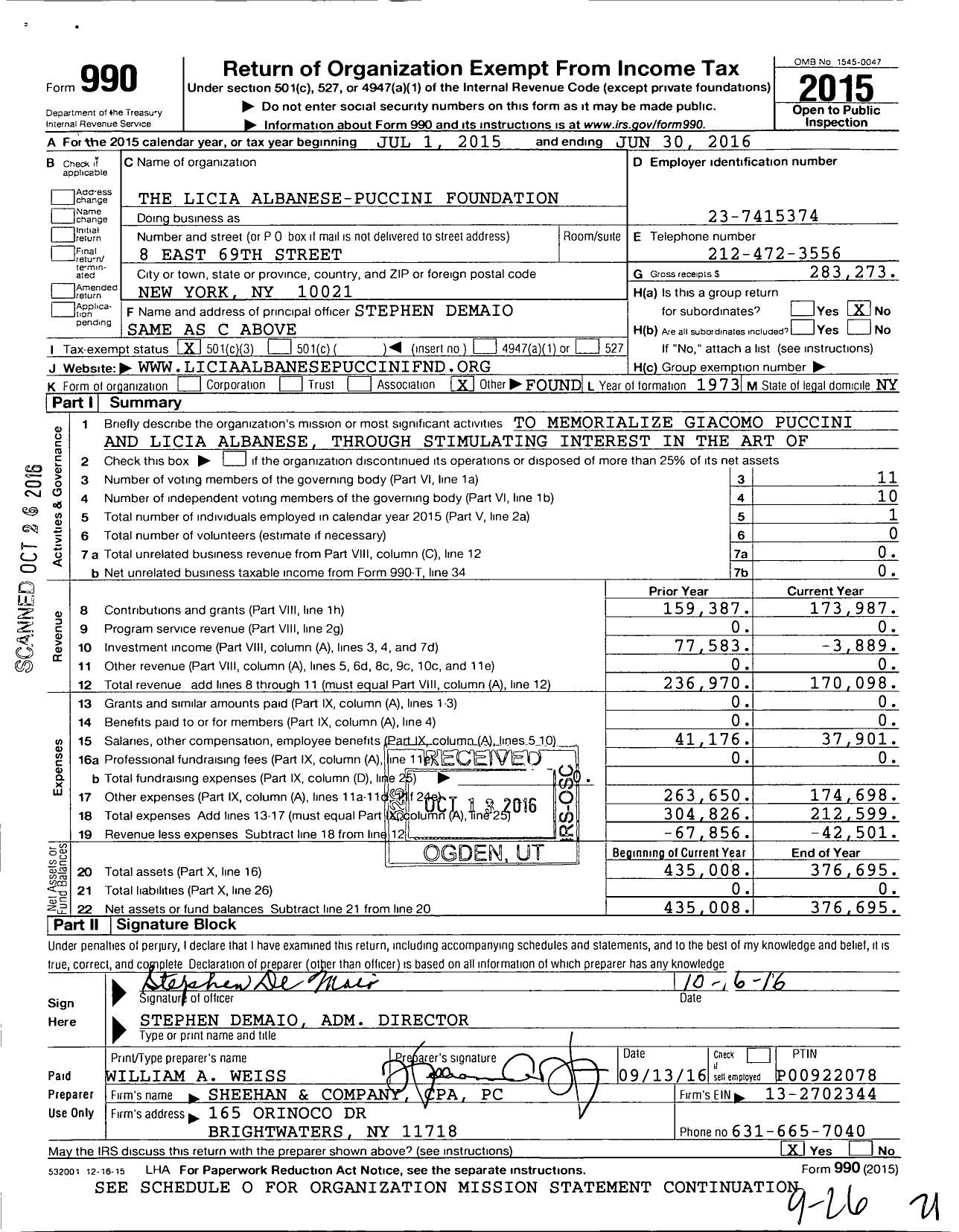 Image of first page of 2015 Form 990 for Licia Albanese - Puccini Foundation