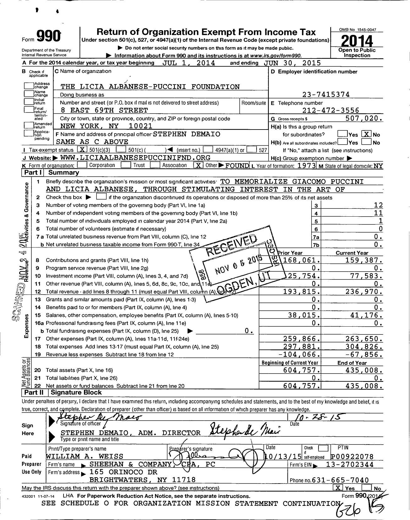 Image of first page of 2014 Form 990 for Licia Albanese - Puccini Foundation