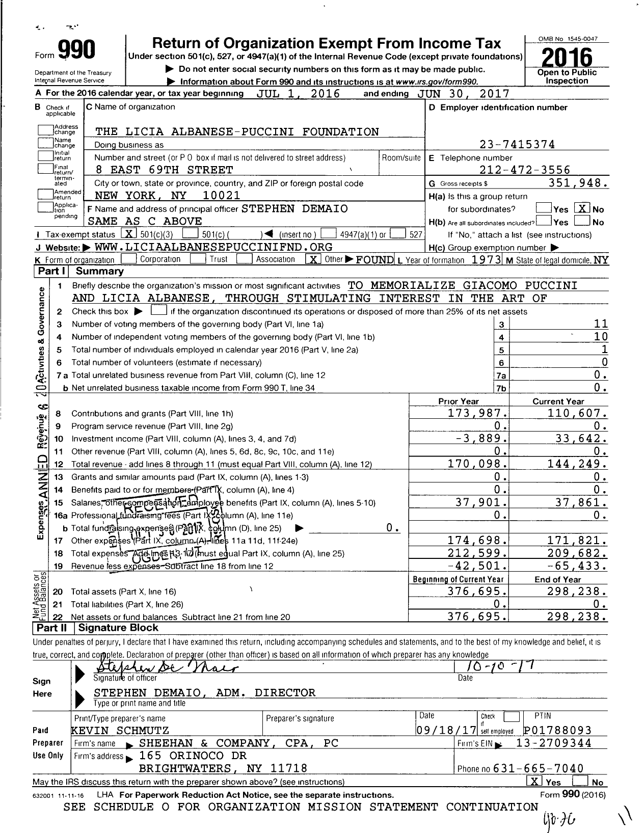 Image of first page of 2016 Form 990 for Licia Albanese - Puccini Foundation