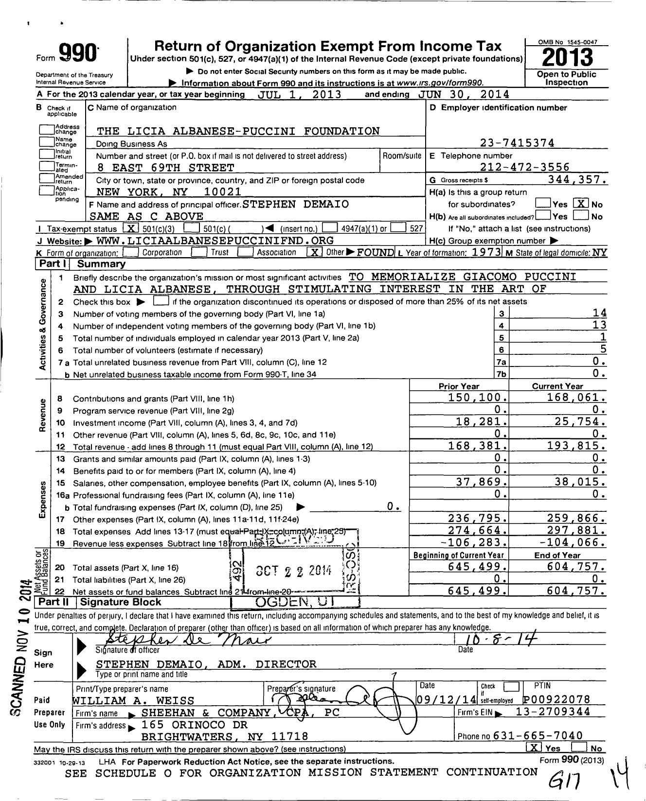 Image of first page of 2013 Form 990 for Licia Albanese - Puccini Foundation