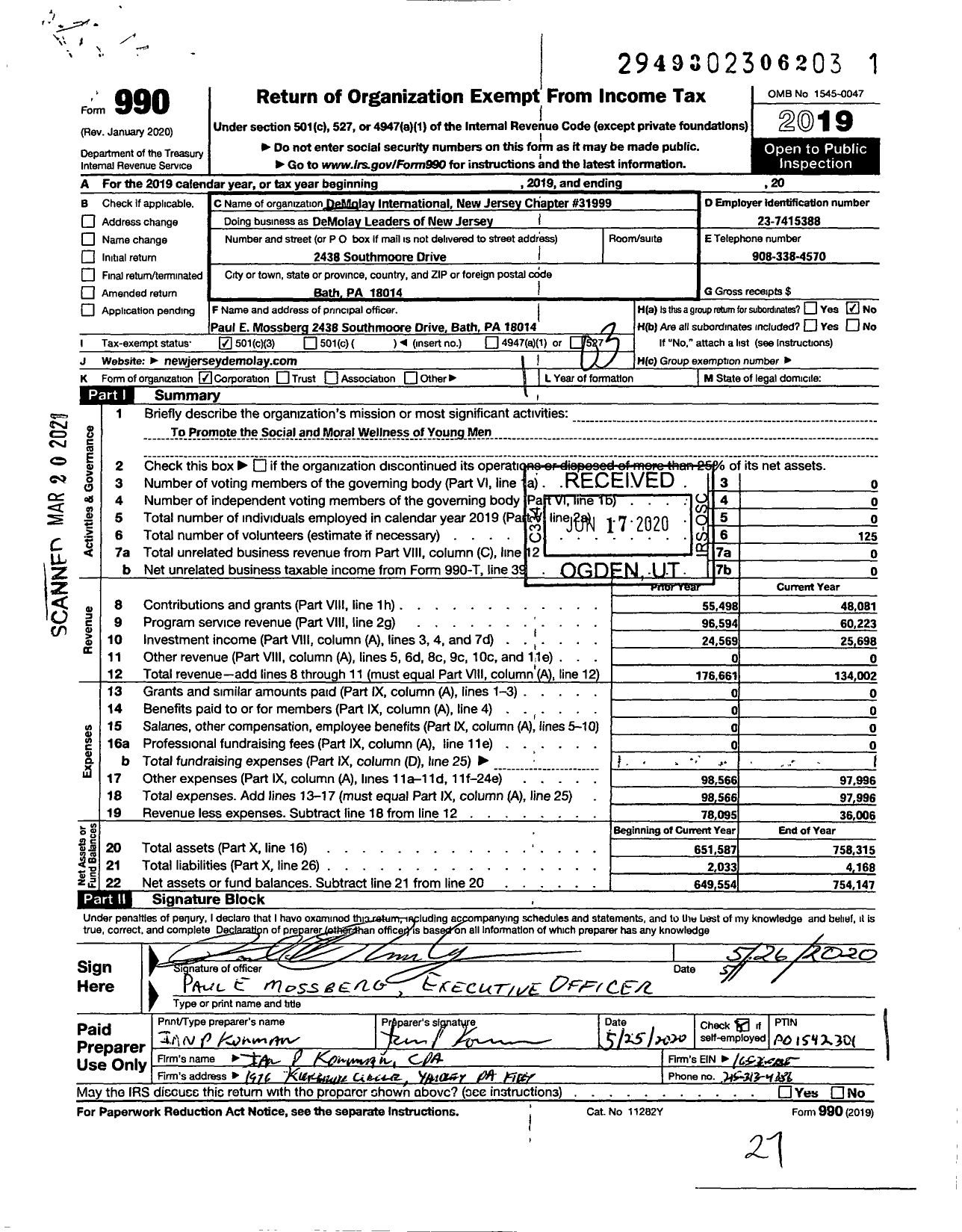 Image of first page of 2019 Form 990 for DEMOLAY INTERNATIONAL - 31000 New Jersey DEMOLAY