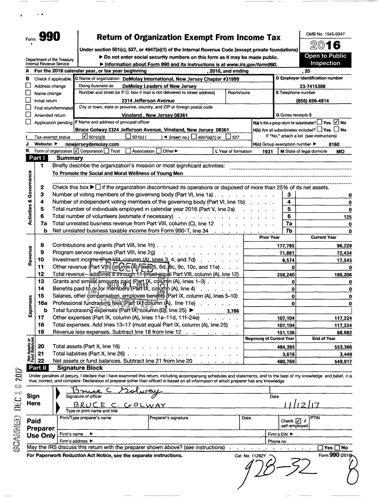 Image of first page of 2016 Form 990 for DEMOLAY INTERNATIONAL - 31000 New Jersey DEMOLAY