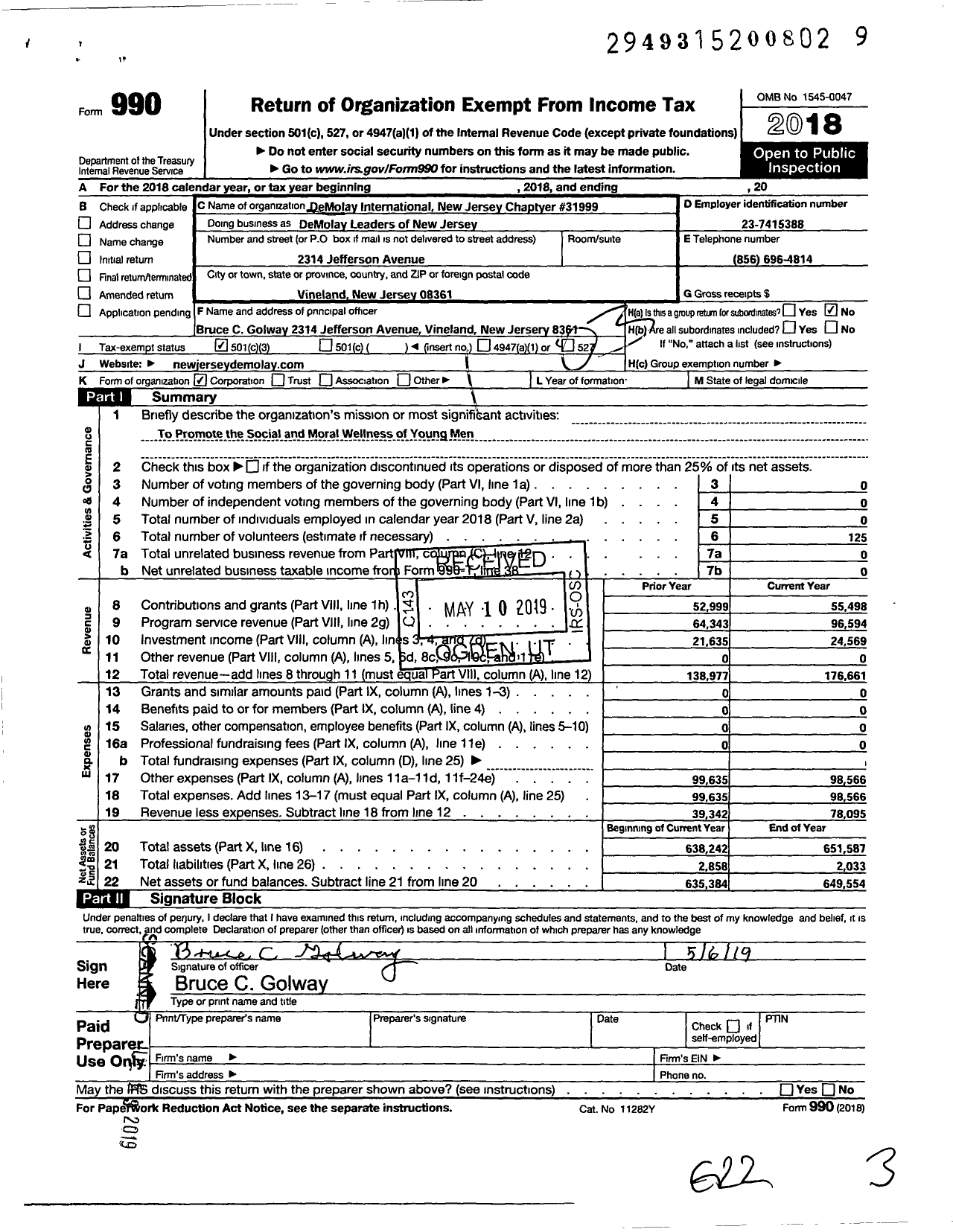 Image of first page of 2018 Form 990 for DEMOLAY INTERNATIONAL - 31000 New Jersey DEMOLAY