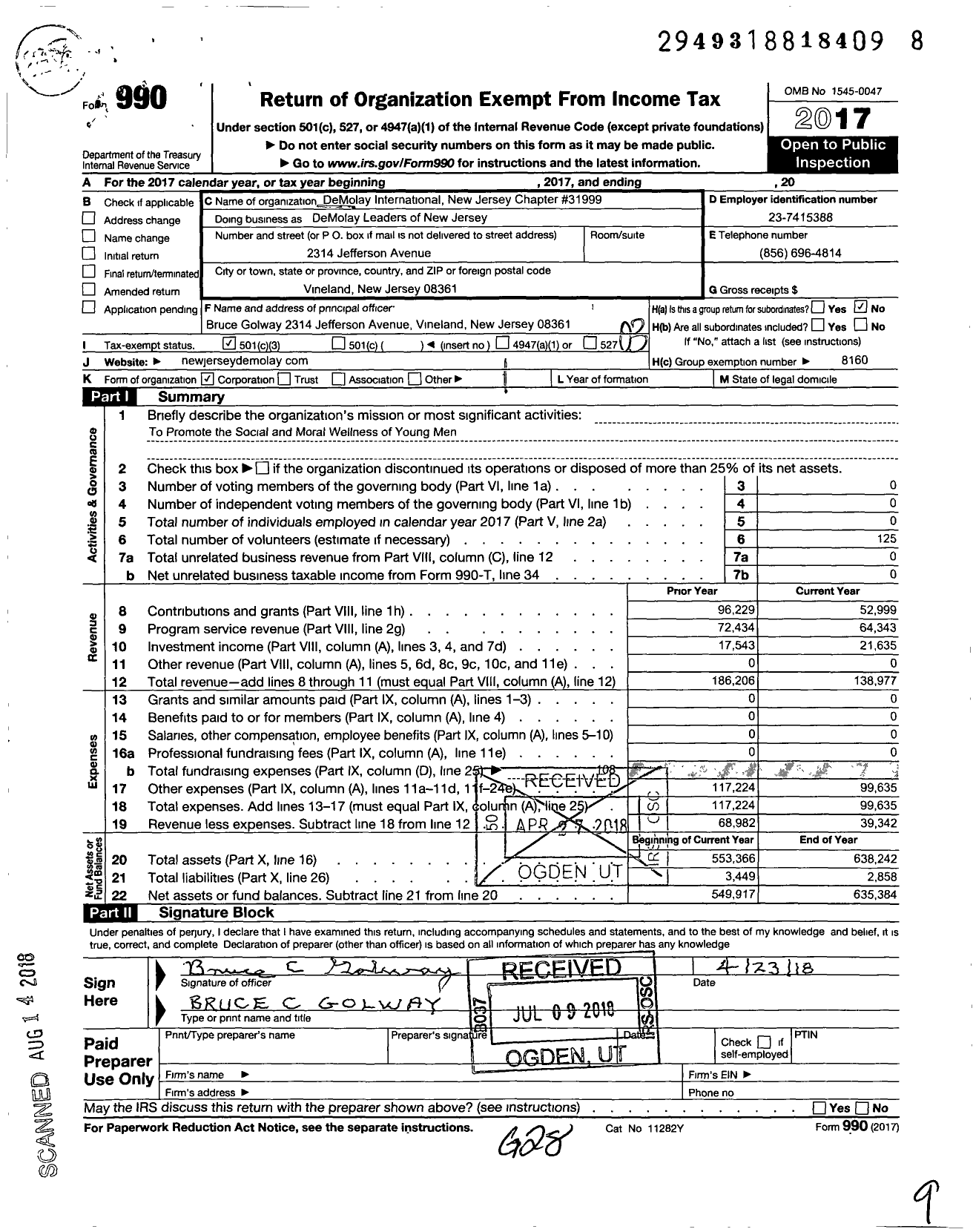 Image of first page of 2017 Form 990 for DEMOLAY INTERNATIONAL - 31000 New Jersey DEMOLAY