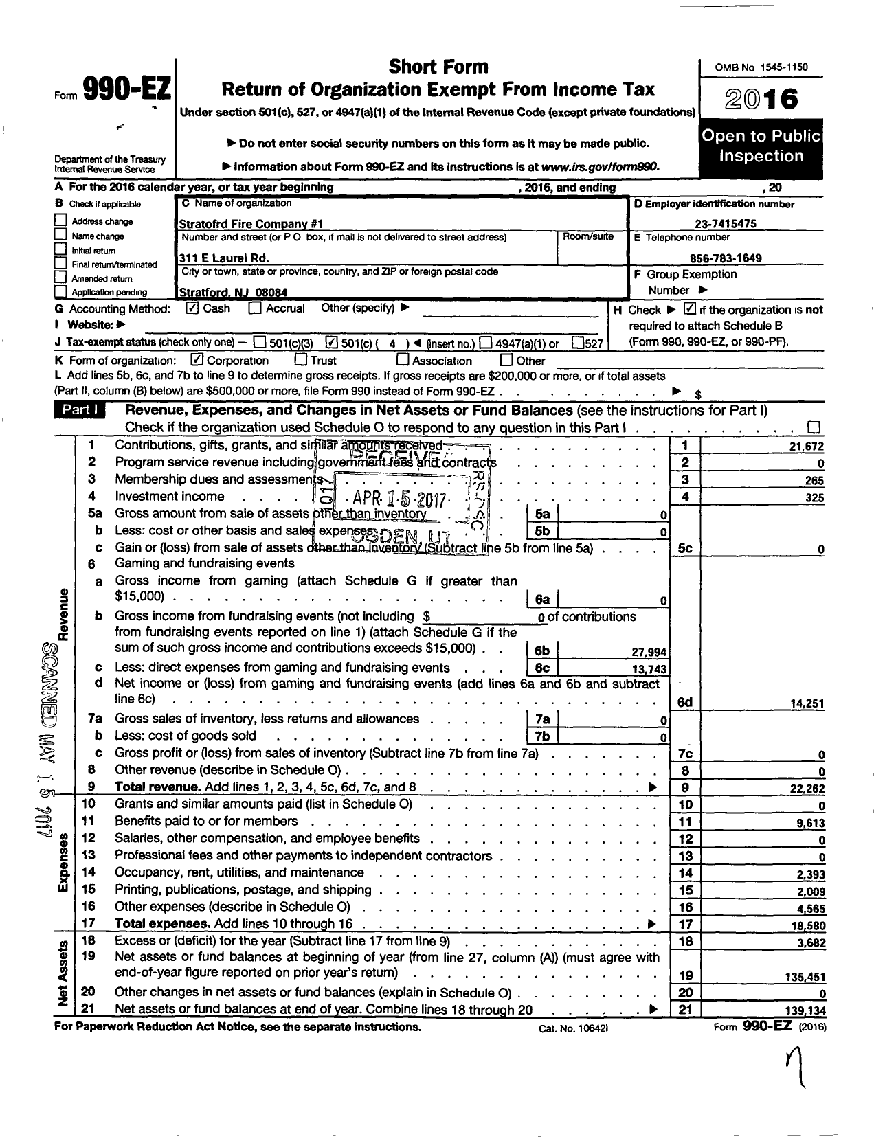 Image of first page of 2016 Form 990EO for Stratford Fire 1