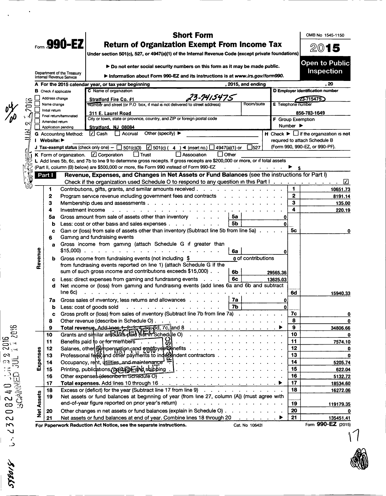 Image of first page of 2015 Form 990EO for Stratford Fire 1