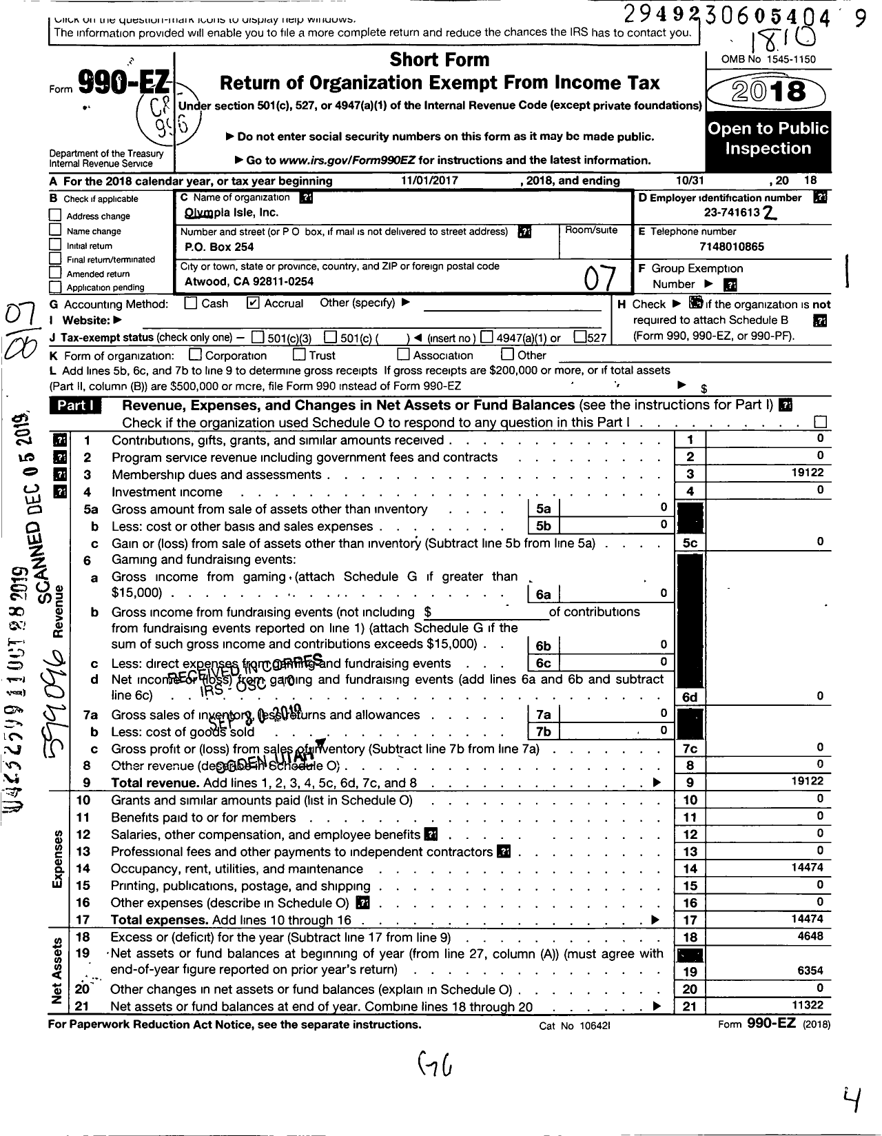 Image of first page of 2017 Form 990EO for Olympic Isle