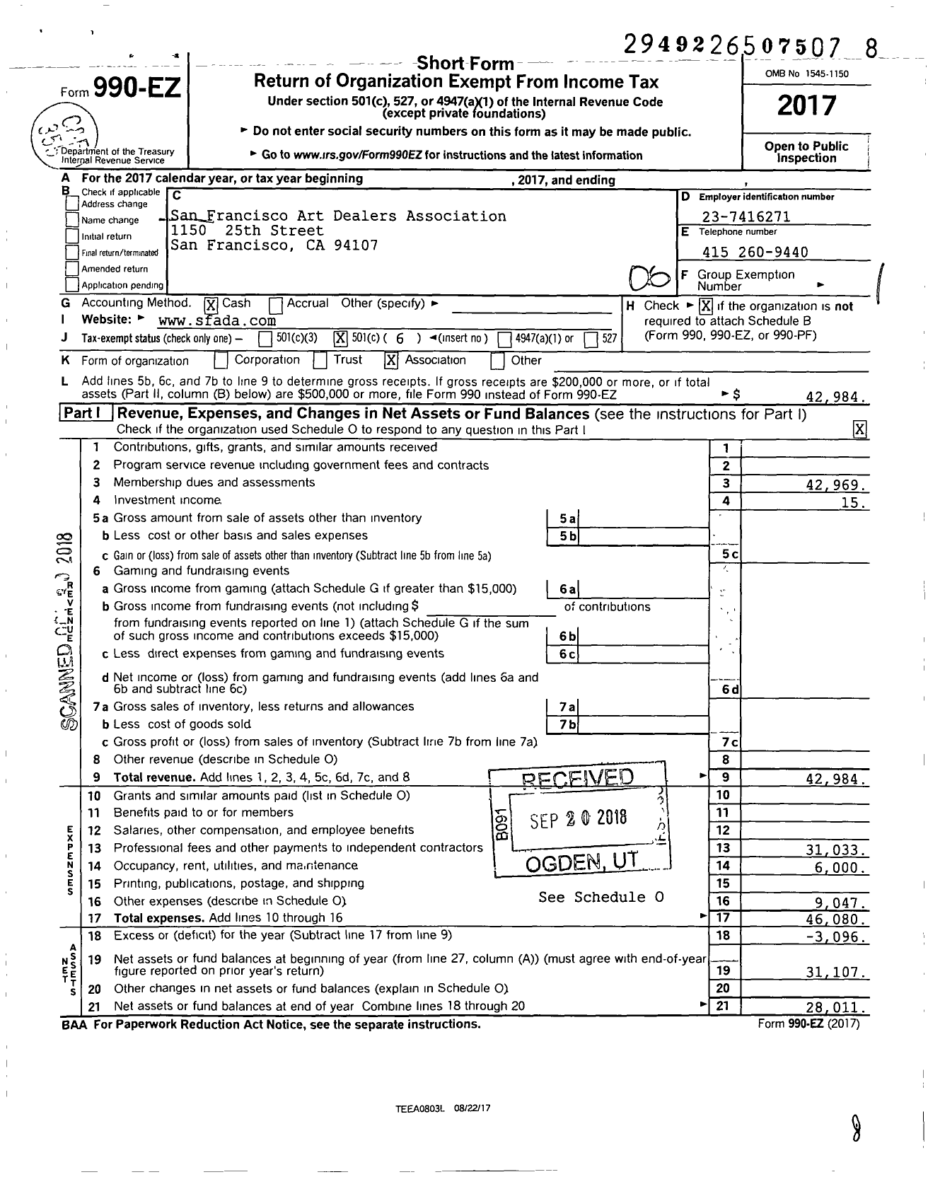 Image of first page of 2017 Form 990EO for San Francisco Art Dealers Association