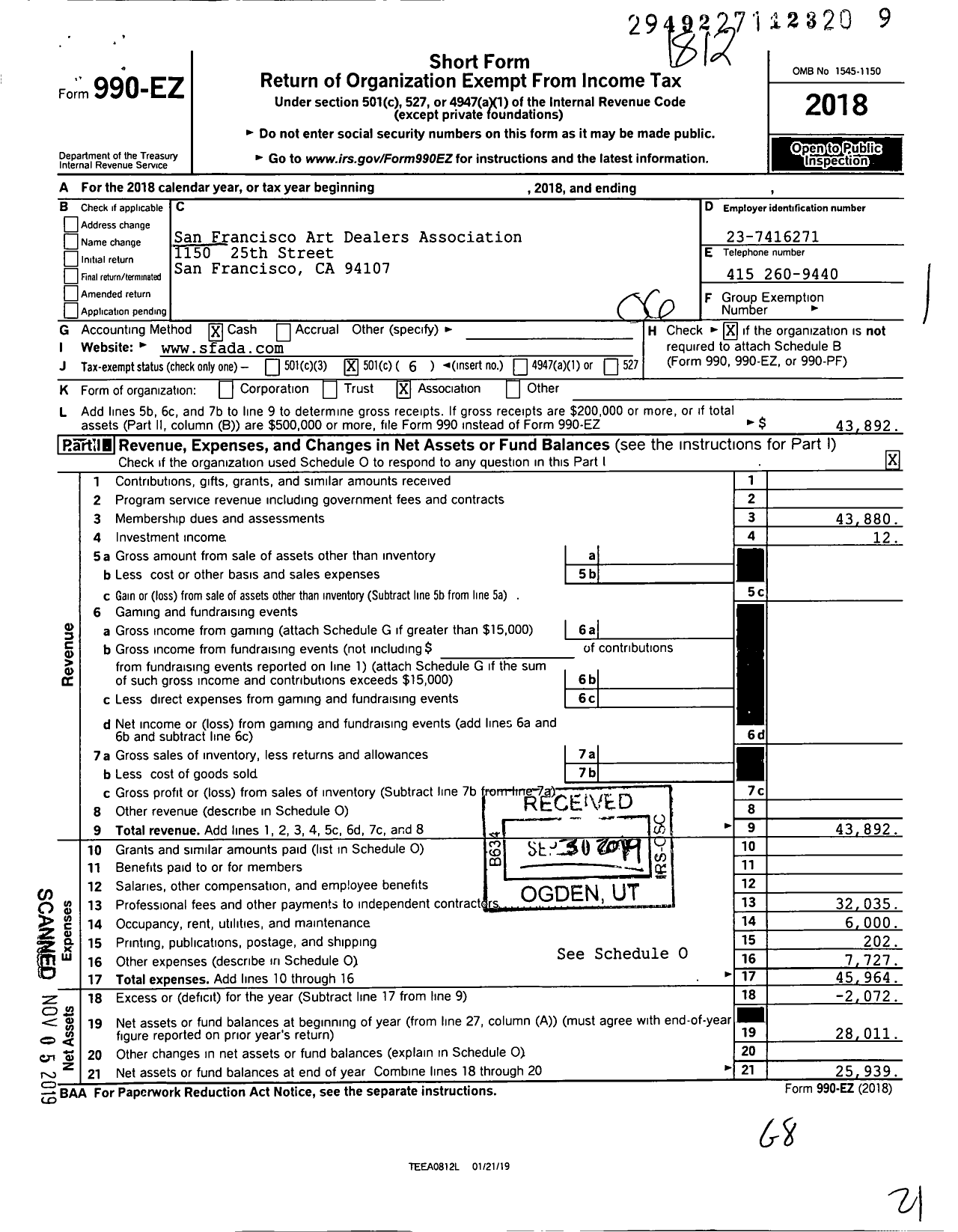 Image of first page of 2018 Form 990EO for San Francisco Art Dealers Association