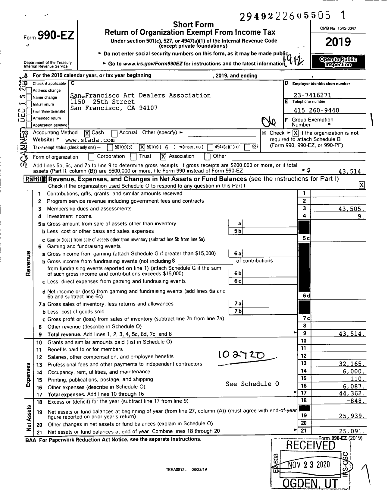 Image of first page of 2019 Form 990EO for San Francisco Art Dealers Association