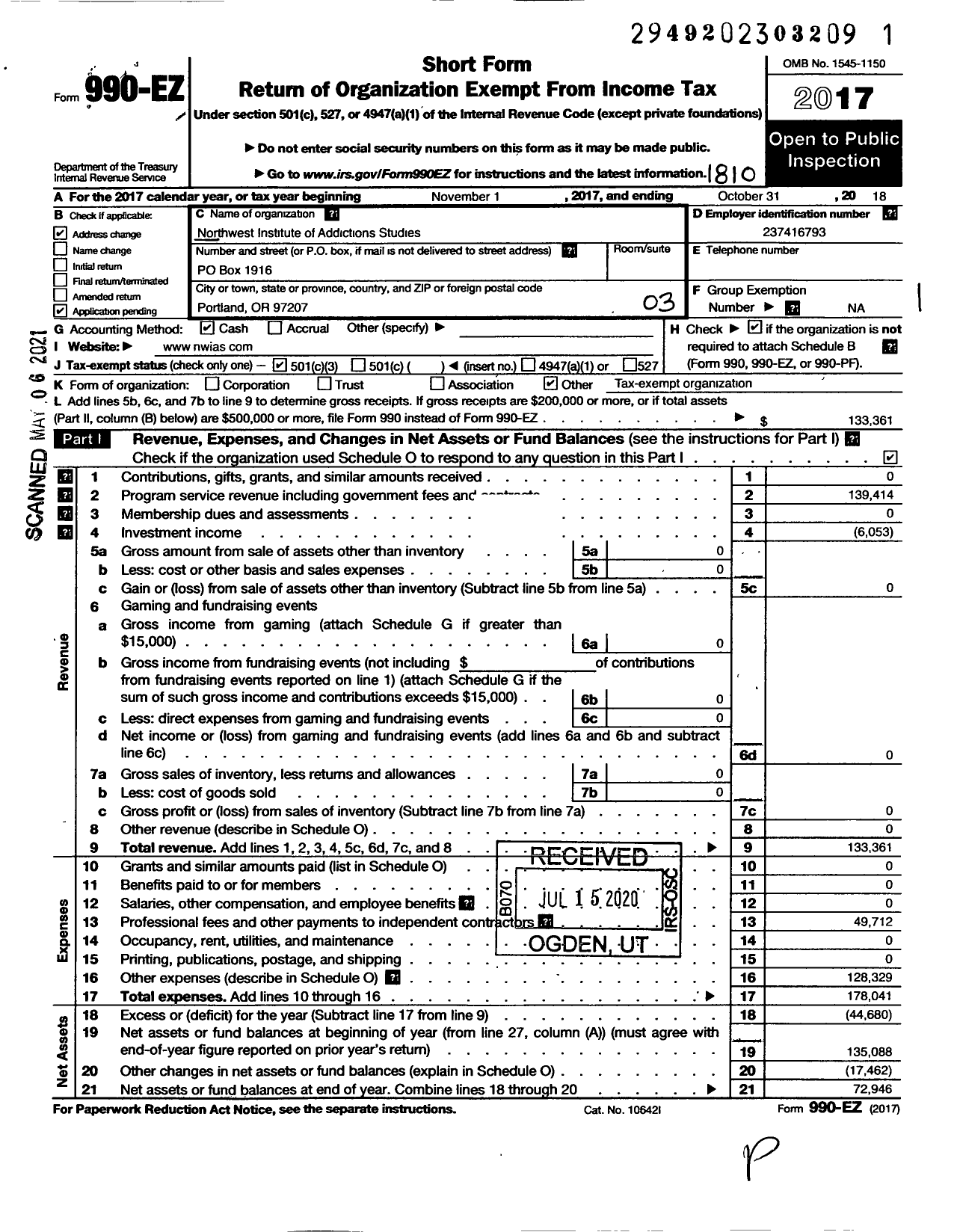 Image of first page of 2017 Form 990EZ for Northwest Institute of Addictions Studies