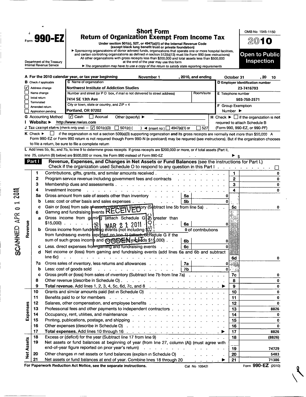 Image of first page of 2009 Form 990EZ for Northwest Institute of Addictions Studies