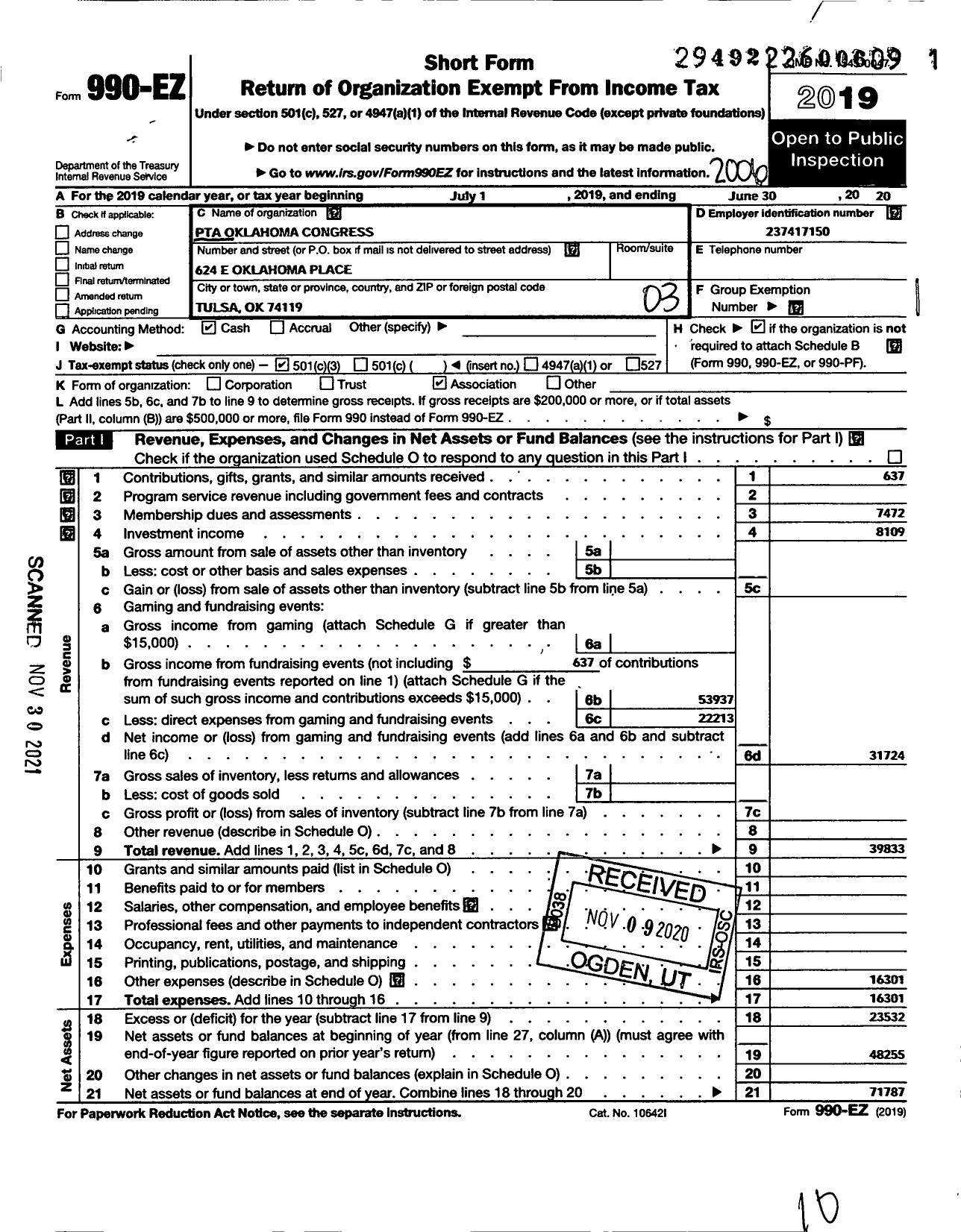 Image of first page of 2019 Form 990EZ for PTA Oklahoma Congress / Carver Middle School