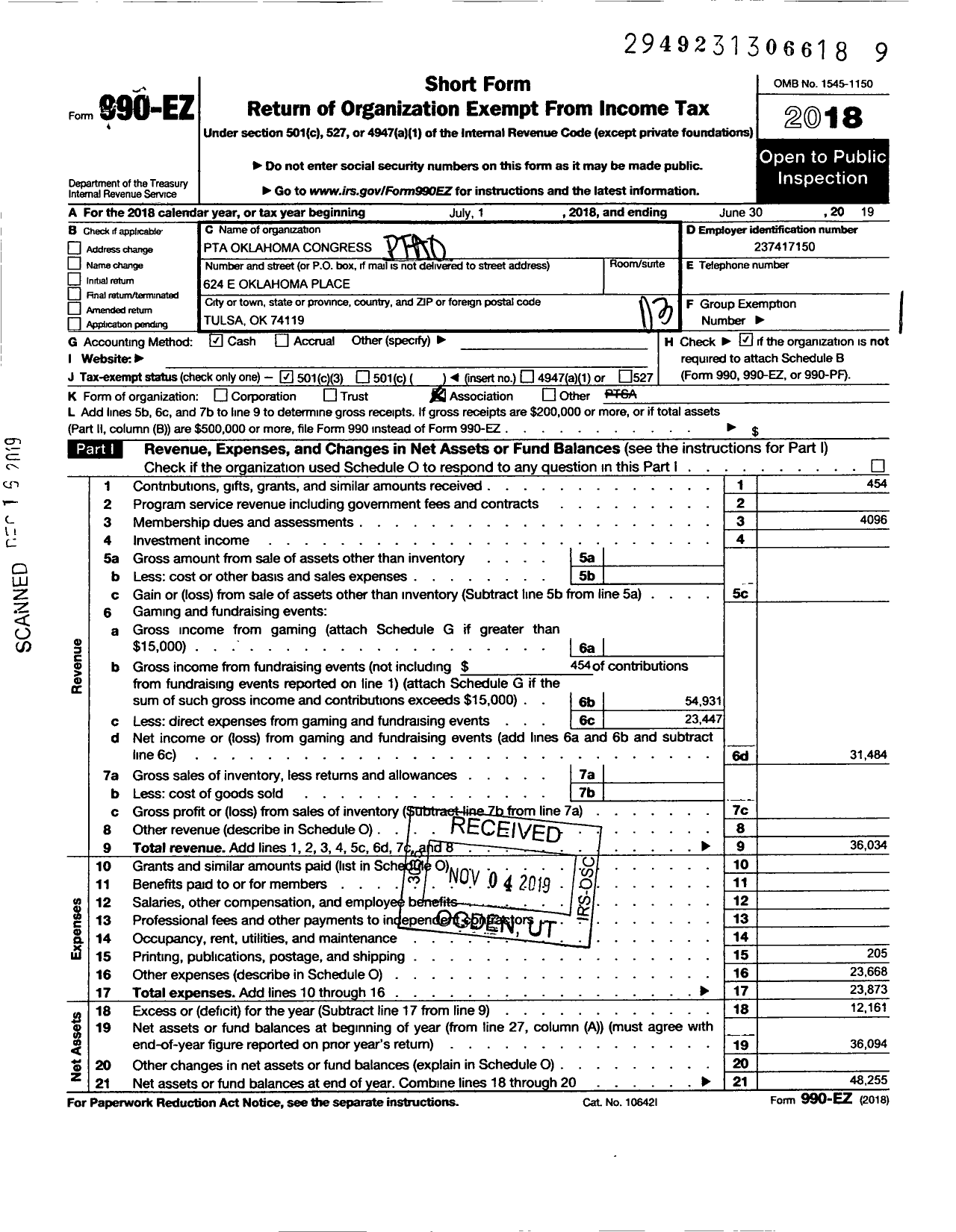 Image of first page of 2018 Form 990EZ for PTA Oklahoma Congress / Carver Middle School