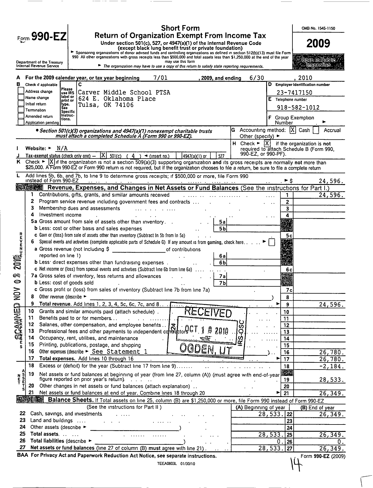 Image of first page of 2009 Form 990EO for PTA Oklahoma Congress / Carver Middle School