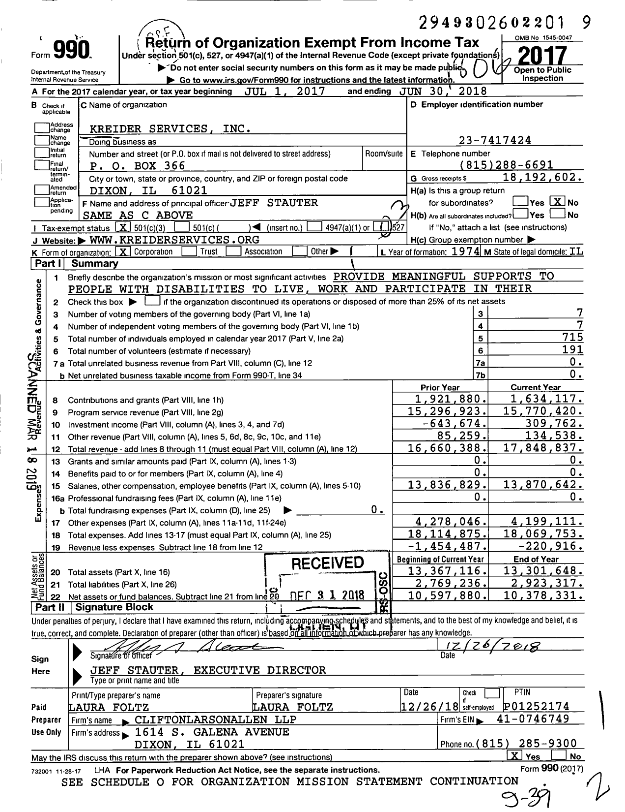 Image of first page of 2017 Form 990 for Kreider Services