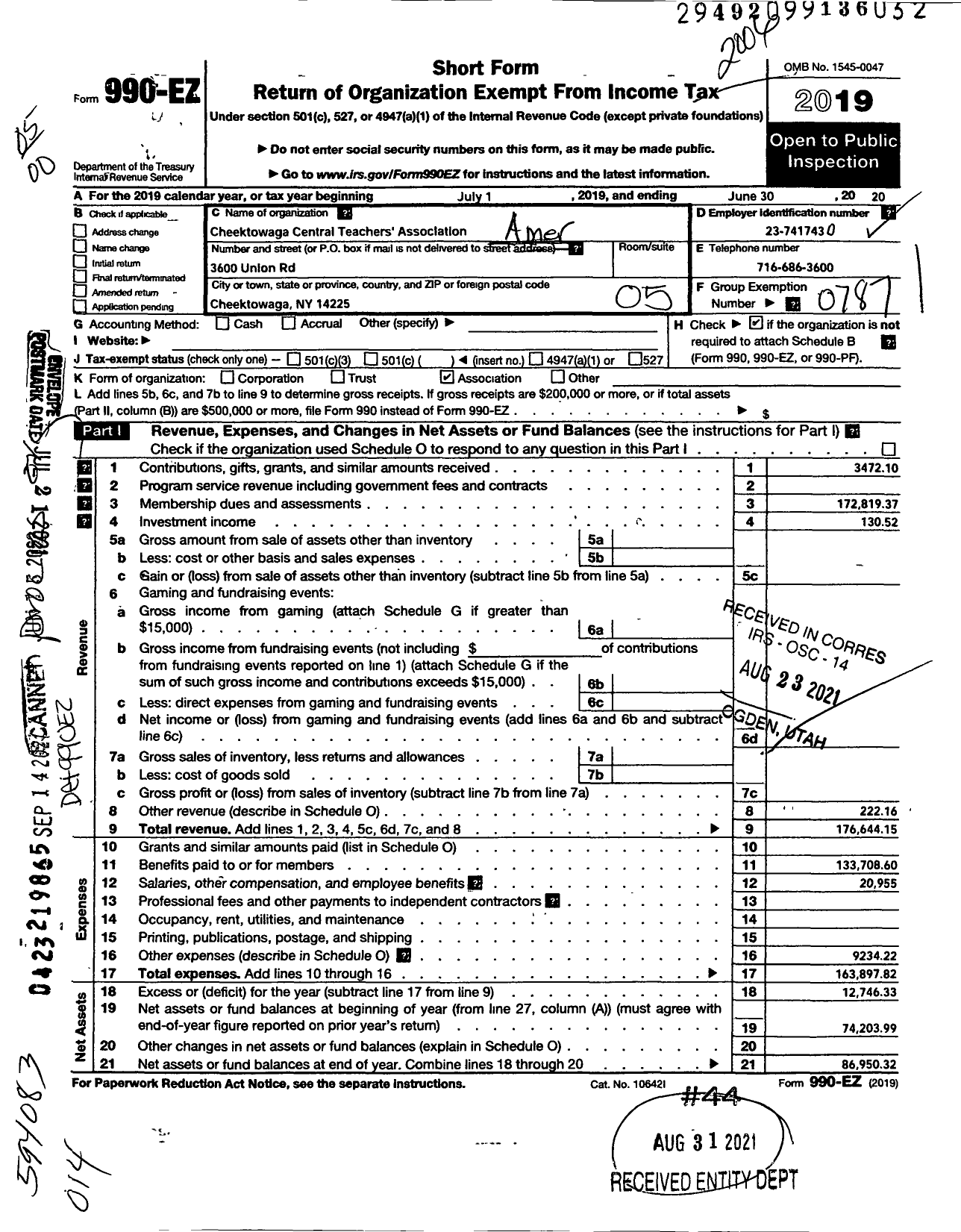 Image of first page of 2019 Form 990EO for American Federation of Teachers - 1390 Cheektowage Central Ta