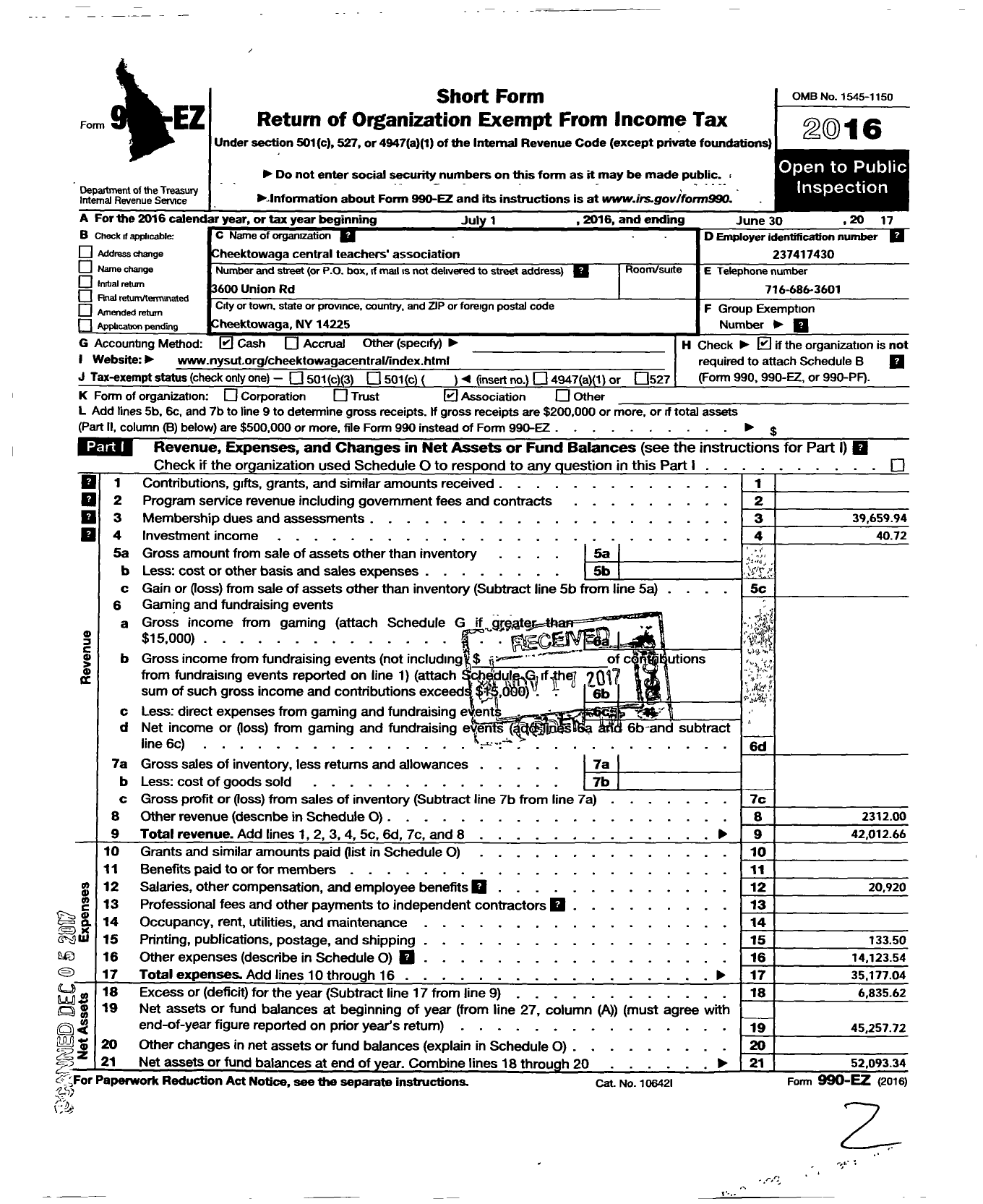 Image of first page of 2016 Form 990EO for American Federation of Teachers - 1390 Cheektowage Central Ta