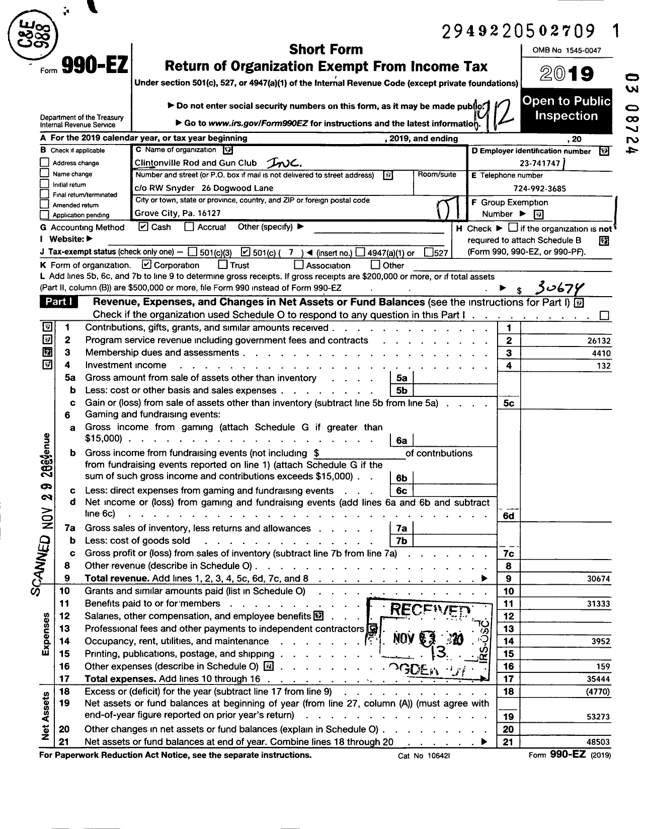 Image of first page of 2019 Form 990EO for Clinton-Irwin Rod and Gun Club