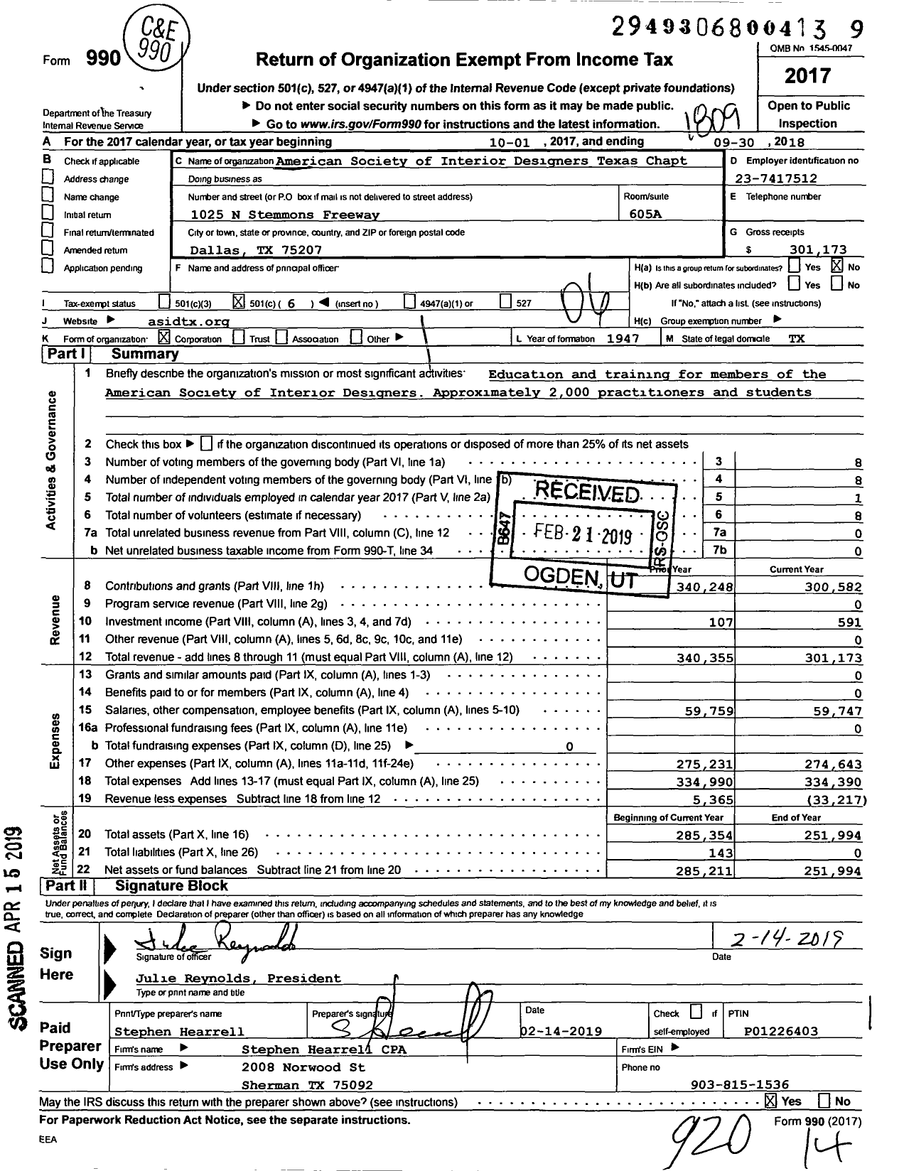 Image of first page of 2017 Form 990O for American Society of Interior Designers Texas Chapter