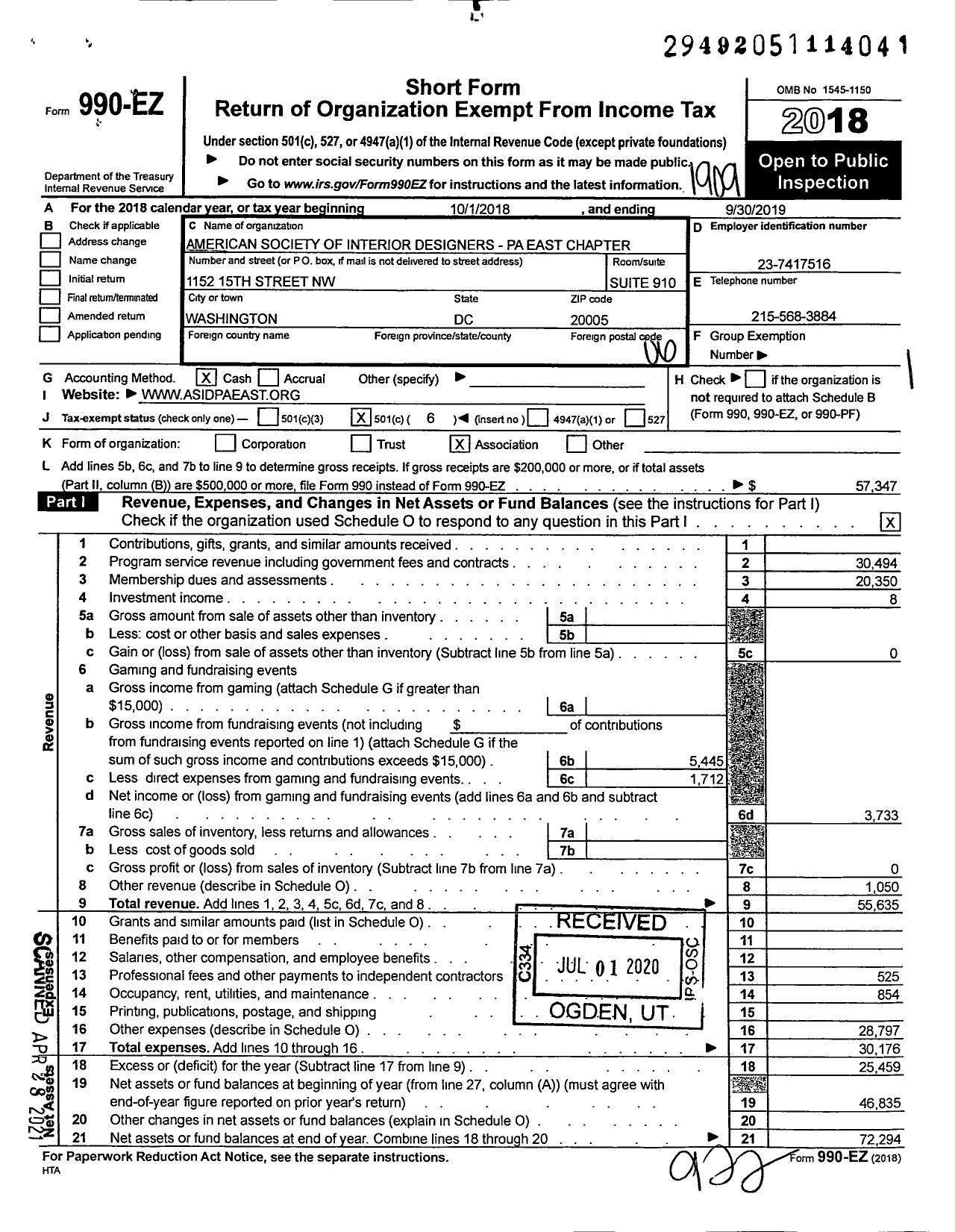 Image of first page of 2018 Form 990EO for American Society of Interior Designers - Pa East Chapter