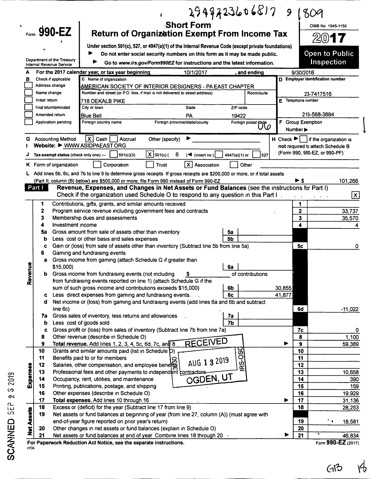 Image of first page of 2017 Form 990EO for American Society of Interior Designers - Pa East Chapter