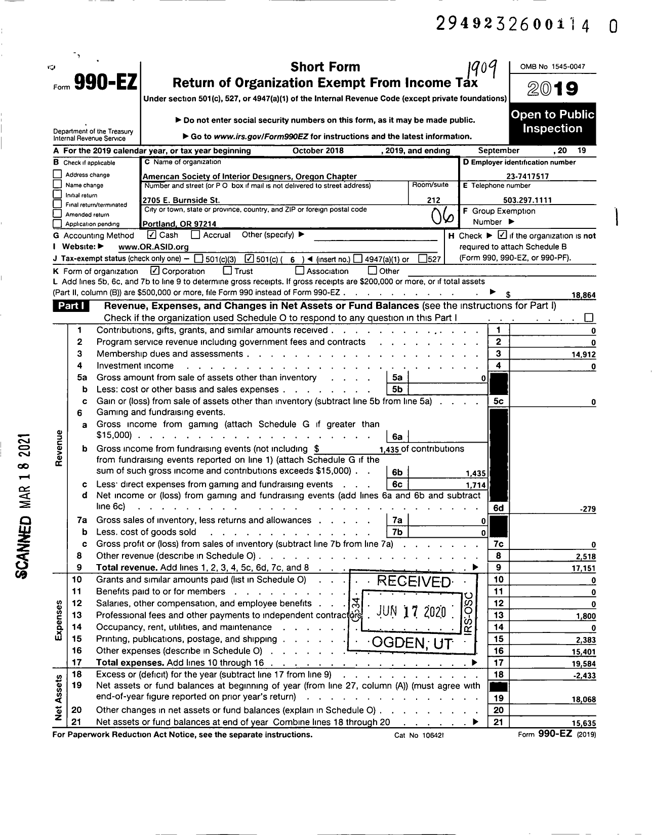 Image of first page of 2018 Form 990EO for American Society of Interior Designers / Oregon Chapter