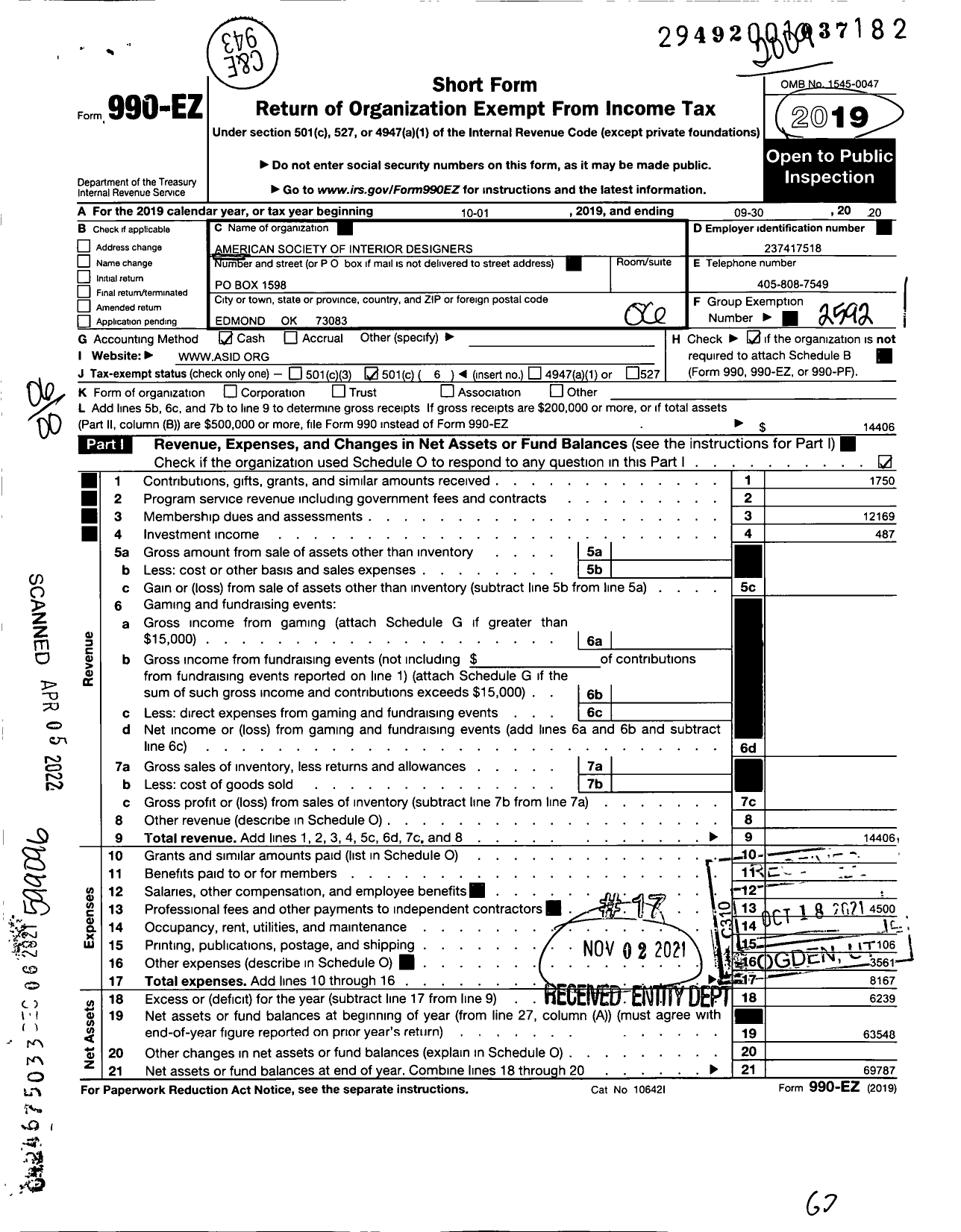 Image of first page of 2019 Form 990EO for American Society of Interior Designers / Oklahoma Chapter