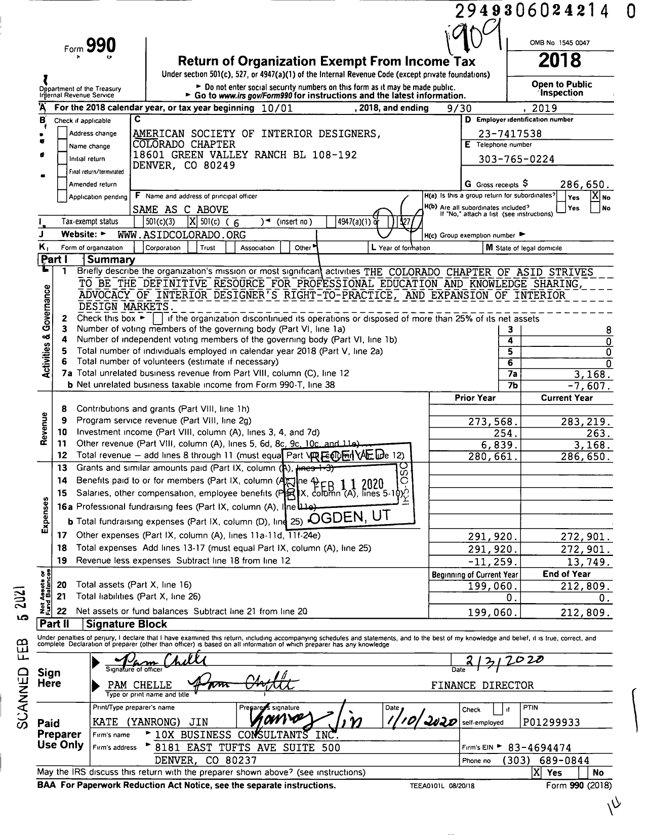 Image of first page of 2018 Form 990O for American Society of Interior Designers Colorado Chapter