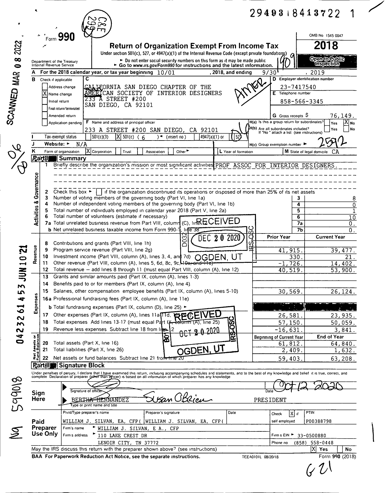 Image of first page of 2018 Form 990O for California San Diego Chapter of the American Society of Interior Designers