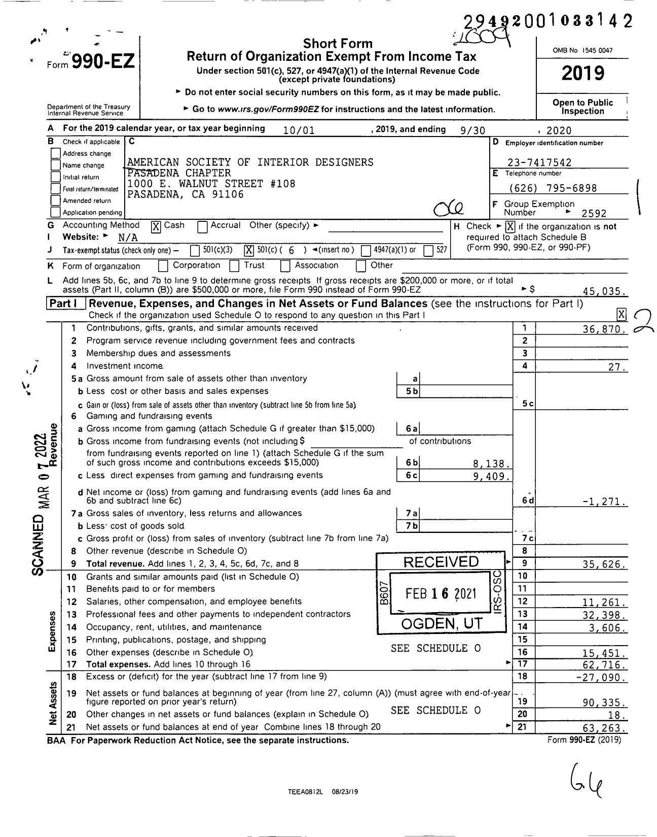 Image of first page of 2019 Form 990EO for American Society of Interior Designers / California Pasadena Chapter