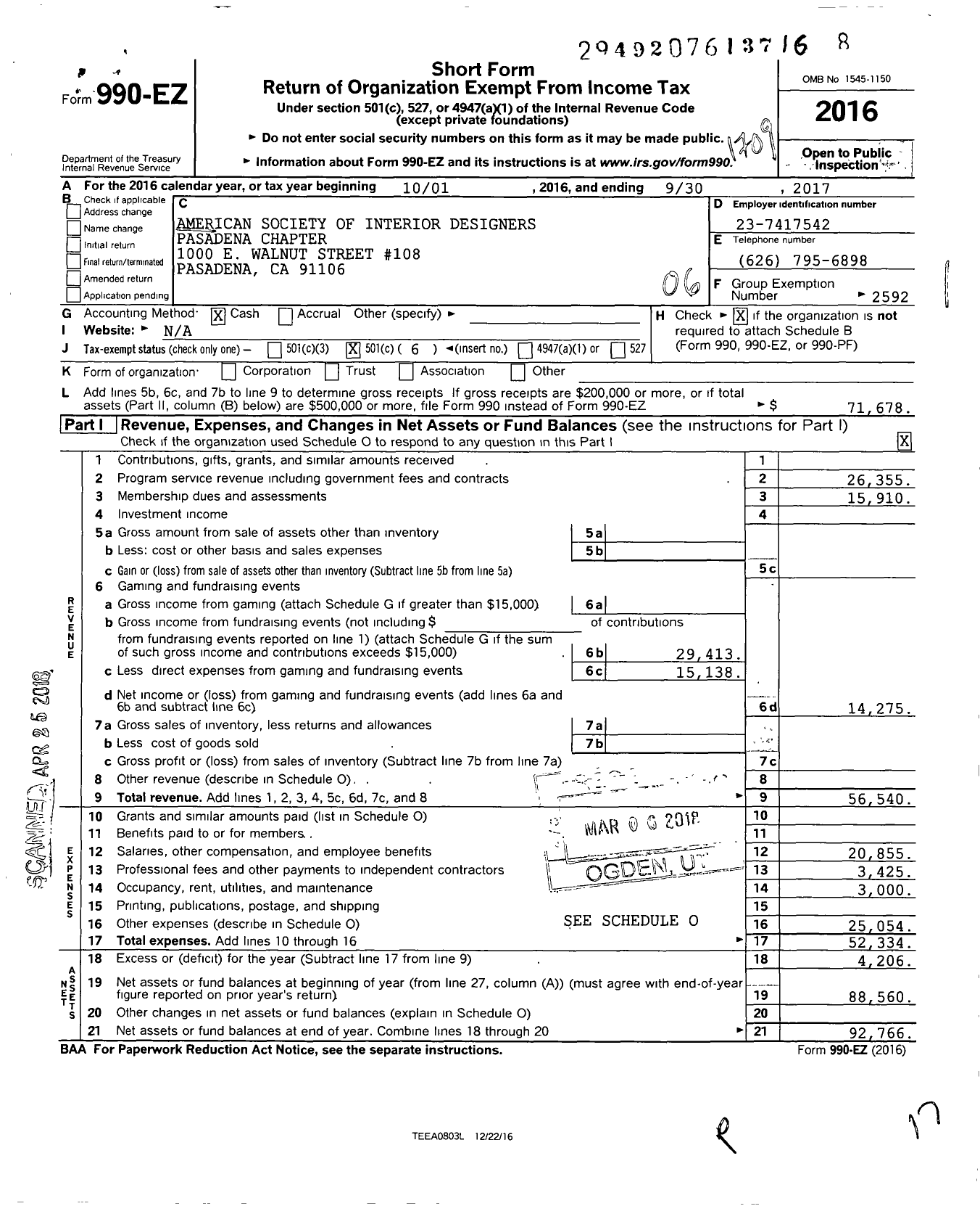 Image of first page of 2016 Form 990EO for American Society of Interior Designers / California Pasadena Chapter