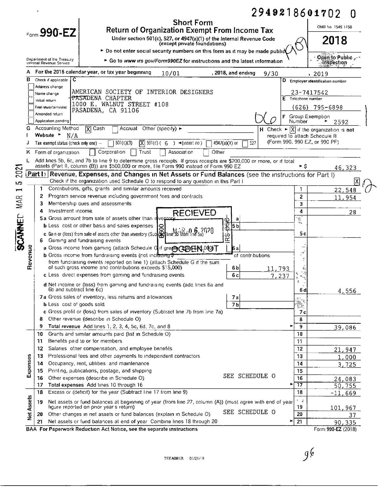 Image of first page of 2018 Form 990EO for American Society of Interior Designers / California Pasadena Chapter